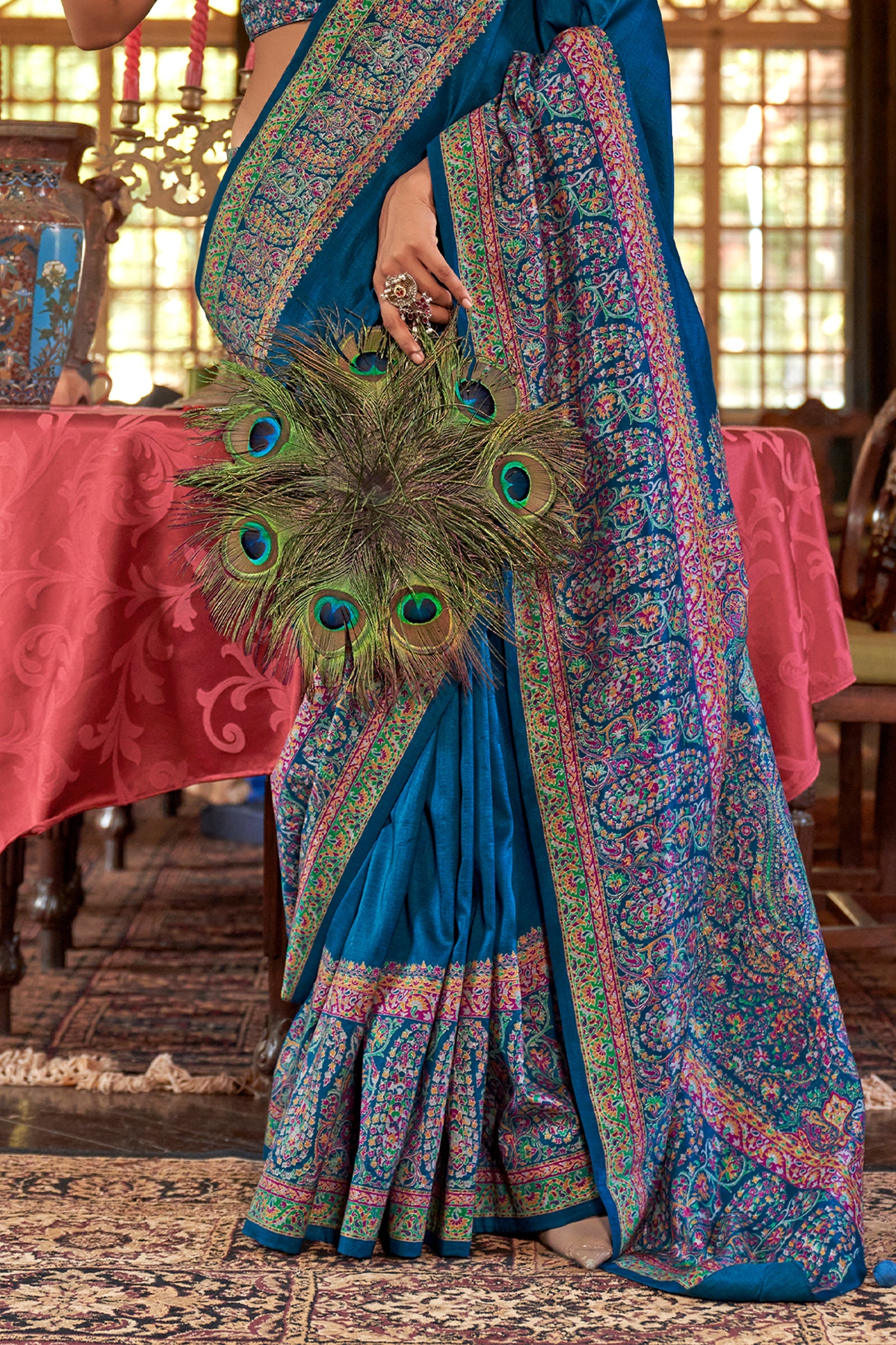 Blue Jamewar Printed Viscose Silk Saree-SAR10175_4_SareeButa.com