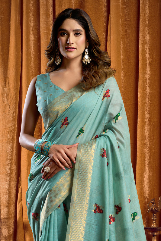 Blue Katha Work Khadi Cotton Saree-SAR12658_1_SareeButa.com