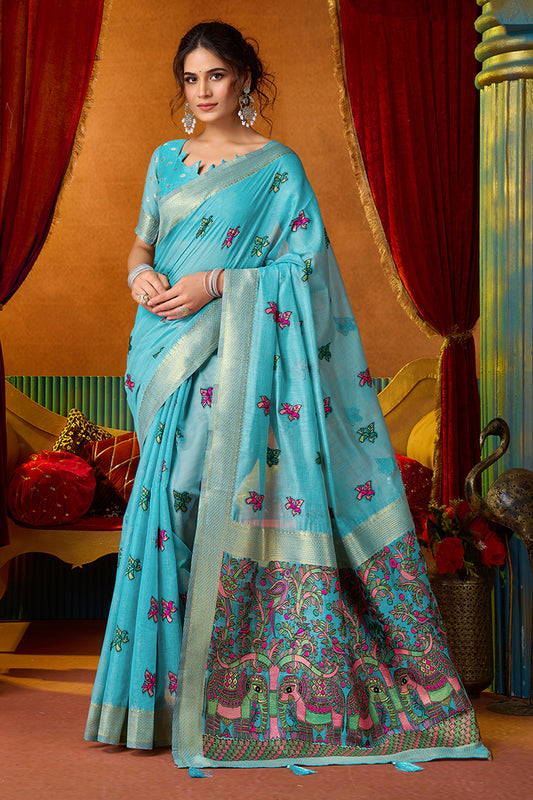 Blue Katha Work Khadi Cotton Saree-SAR12694_1_SareeButa.com