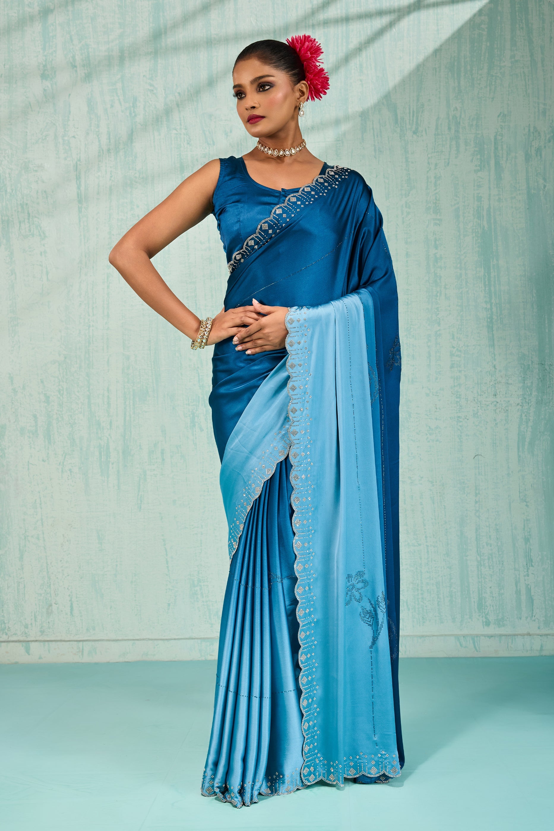 Blue Ombre Stone Work Satin Silk Saree-SAR10424_1_SareeButa.com