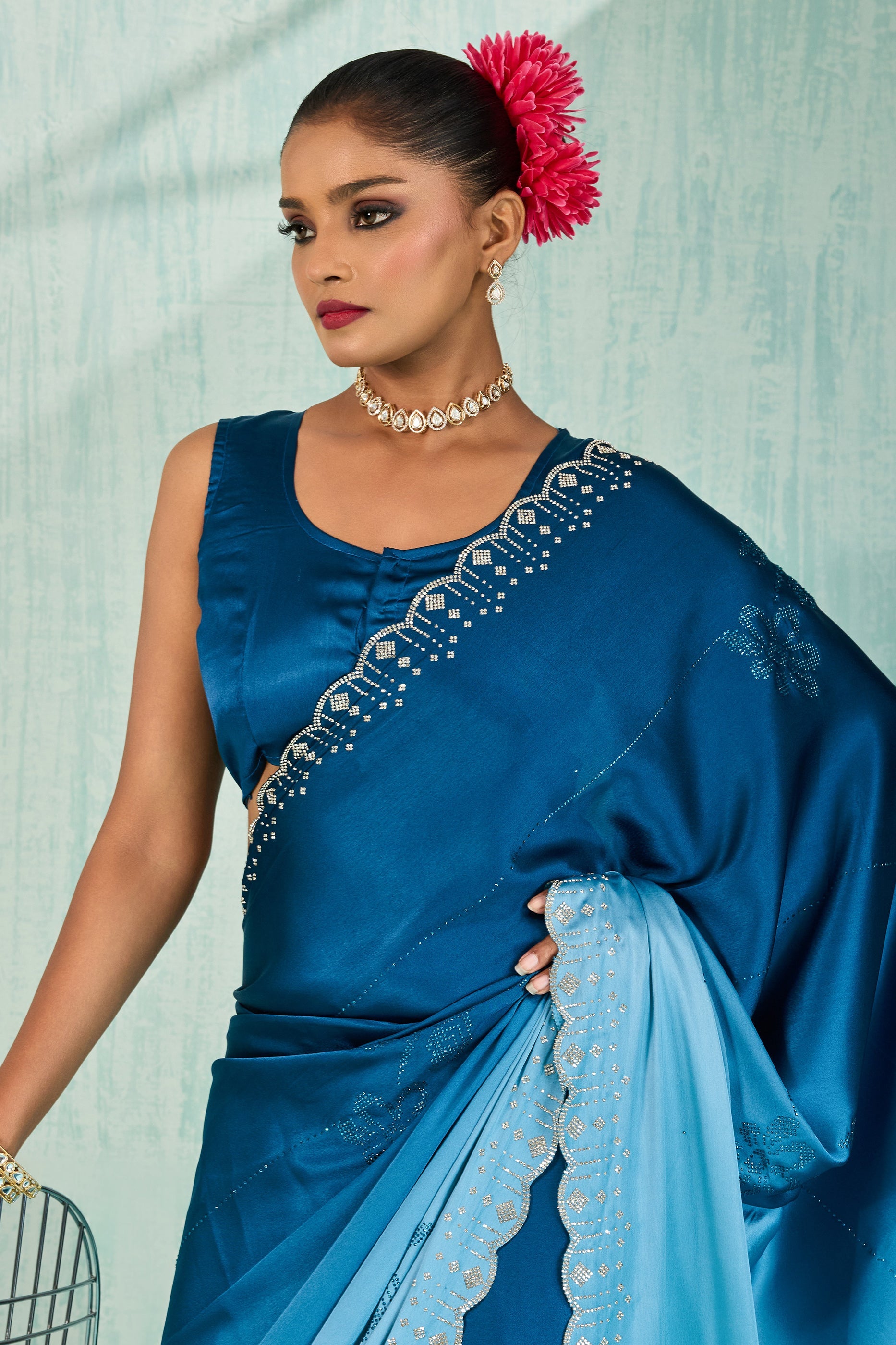 Blue Ombre Stone Work Satin Silk Saree-SAR10424_2_SareeButa.com