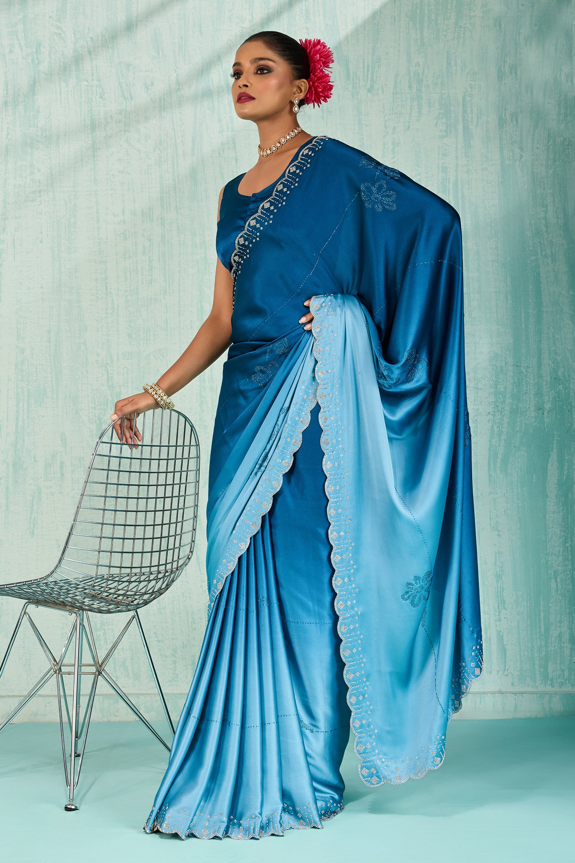 Blue Ombre Stone Work Satin Silk Saree-SAR10424_4_SareeButa.com