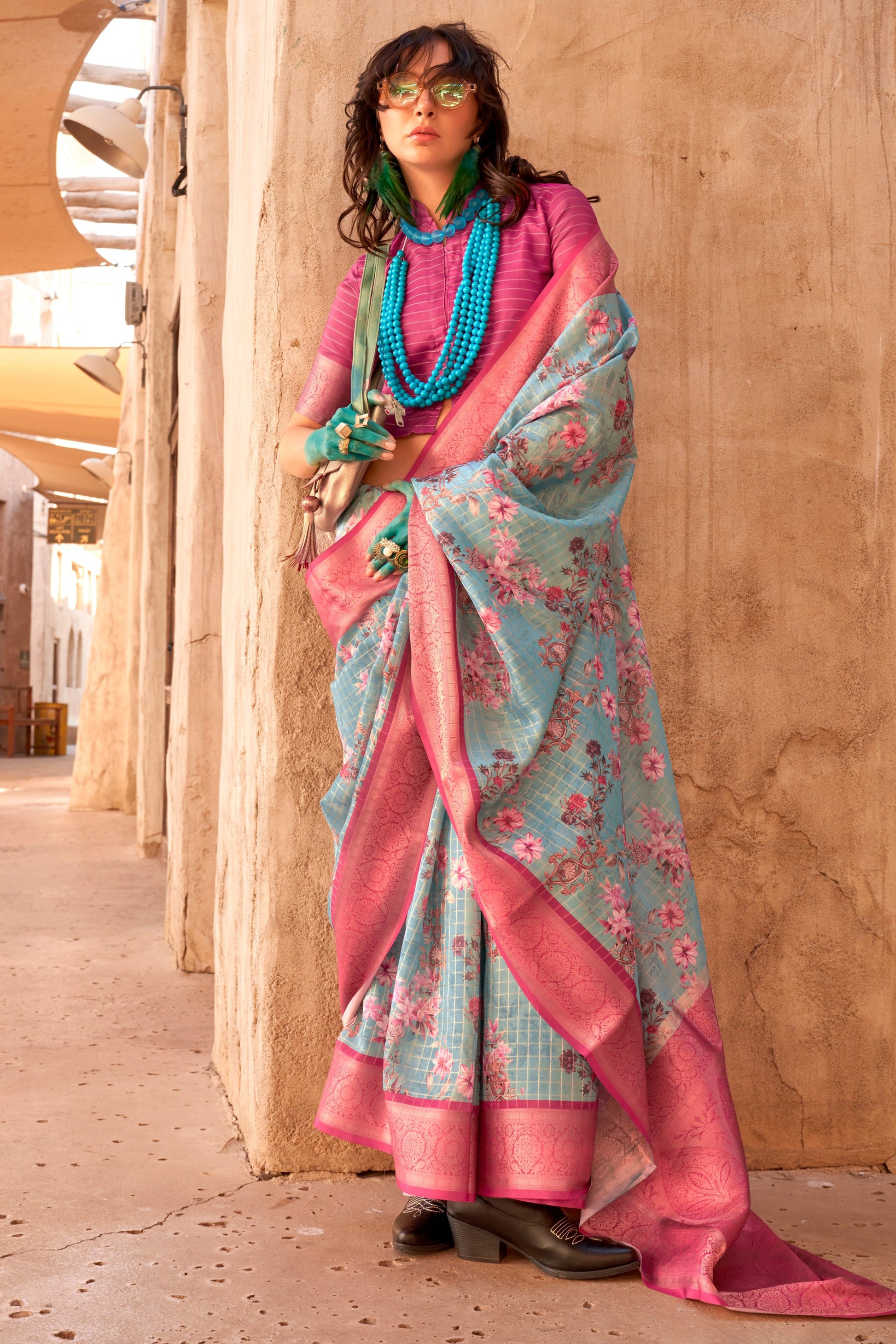 Blue Printed Georgette Saree with Jacquard Border-ZB133535_1_SareeButa.com