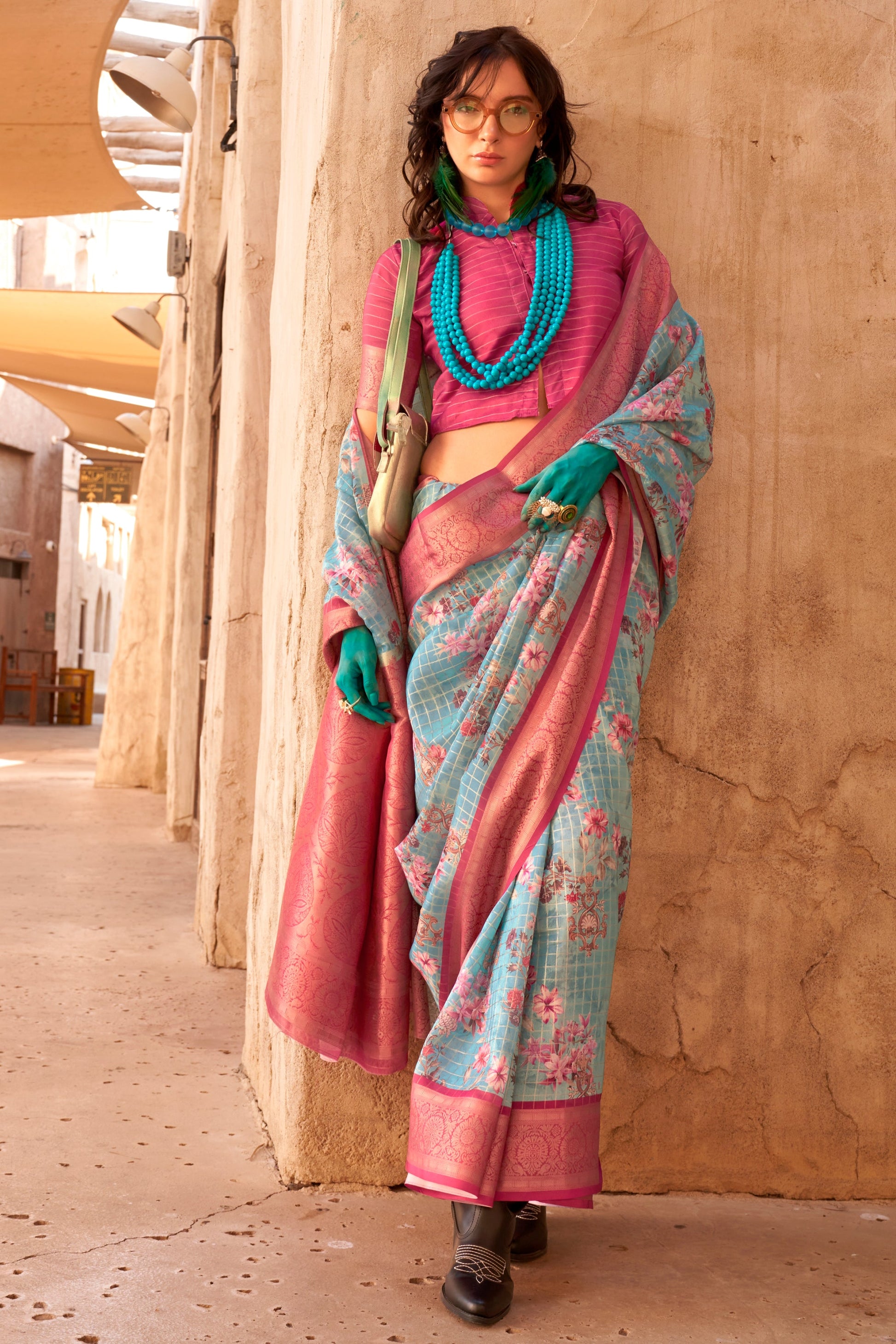 Blue Printed Georgette Saree with Jacquard Border-ZB133535_3_SareeButa.com
