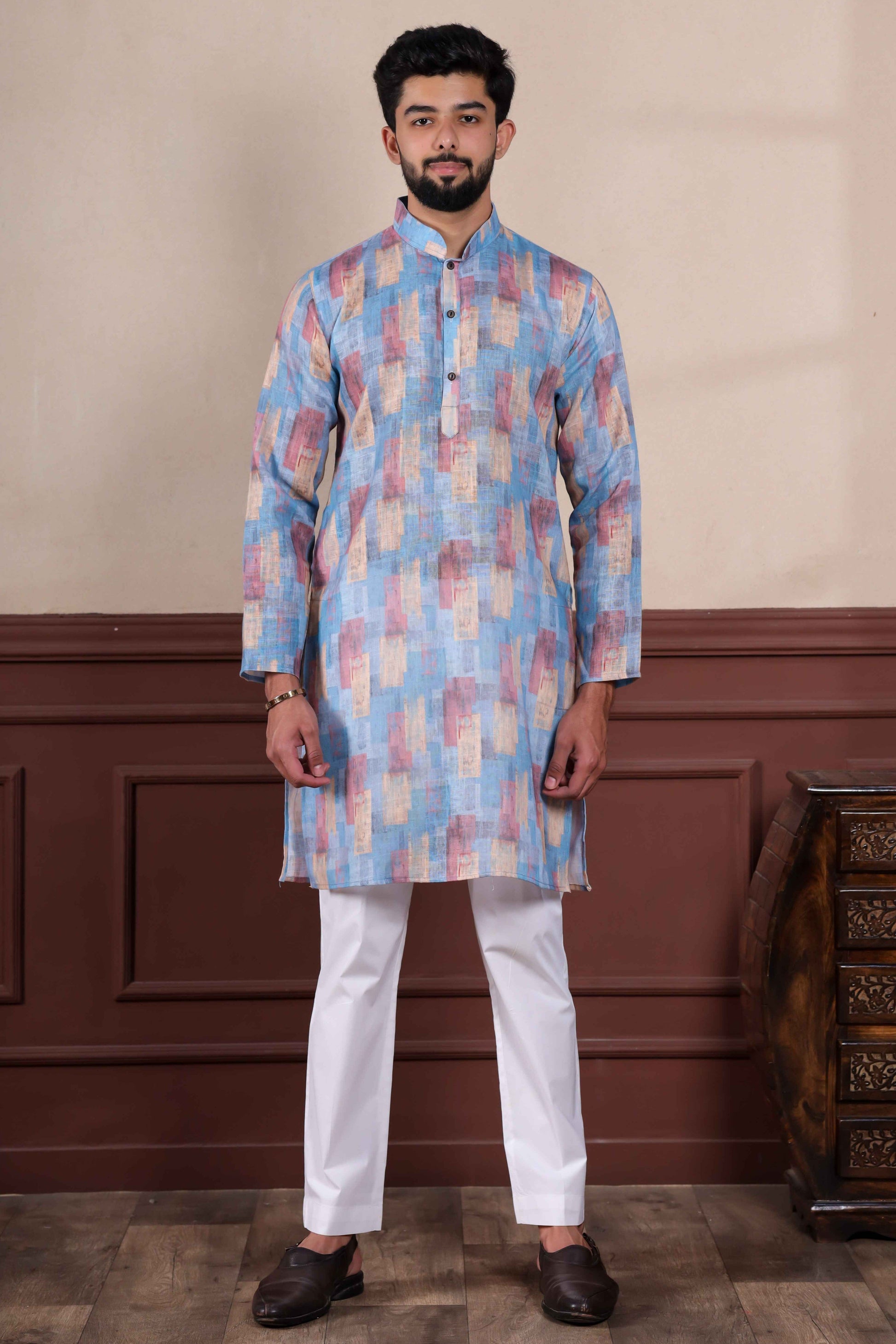Blue Printed Linen Kurta Pajama-MW62_1_SareeButa.com