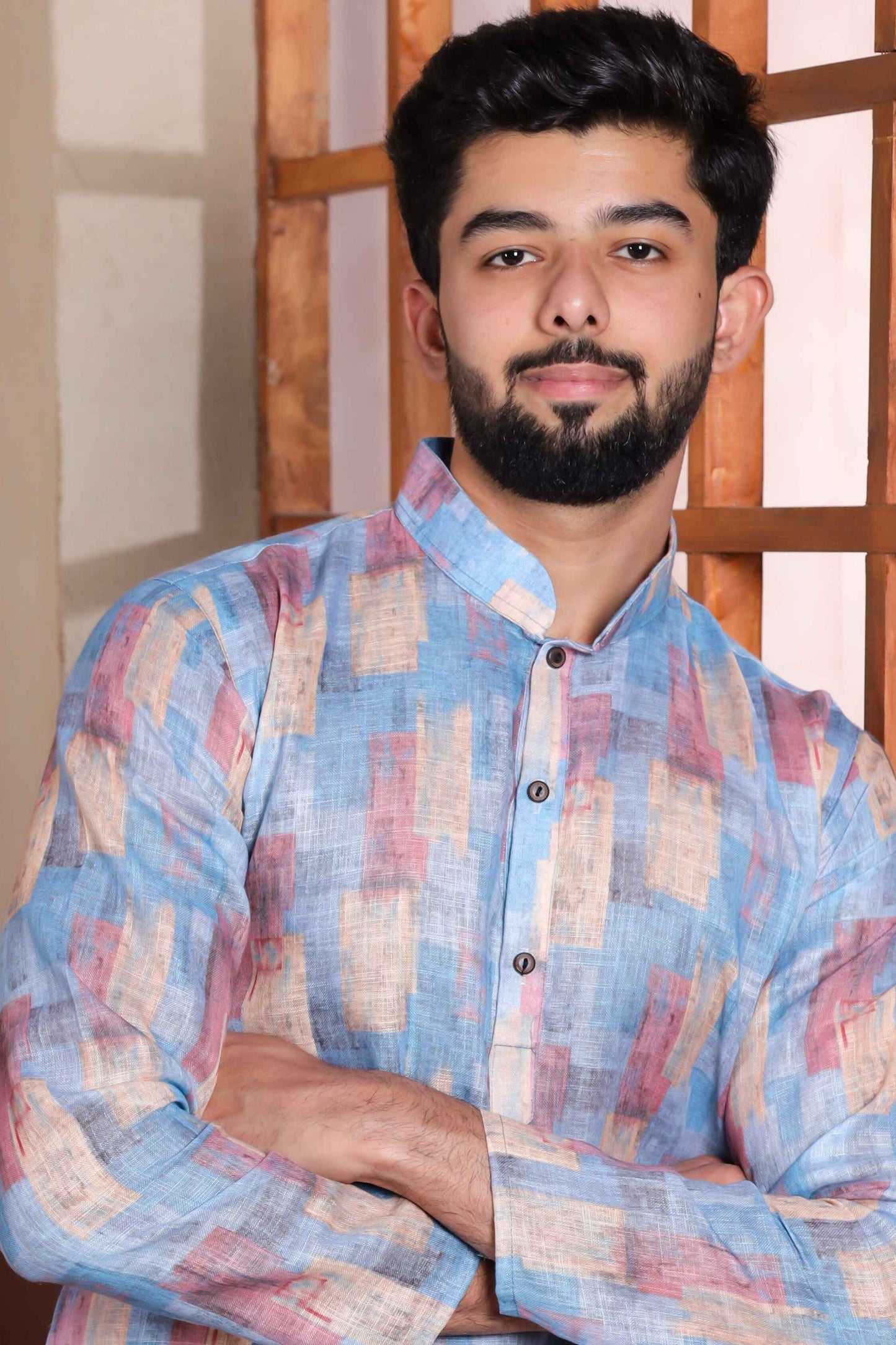 Blue Printed Linen Kurta Pajama-MW62_2_SareeButa.com