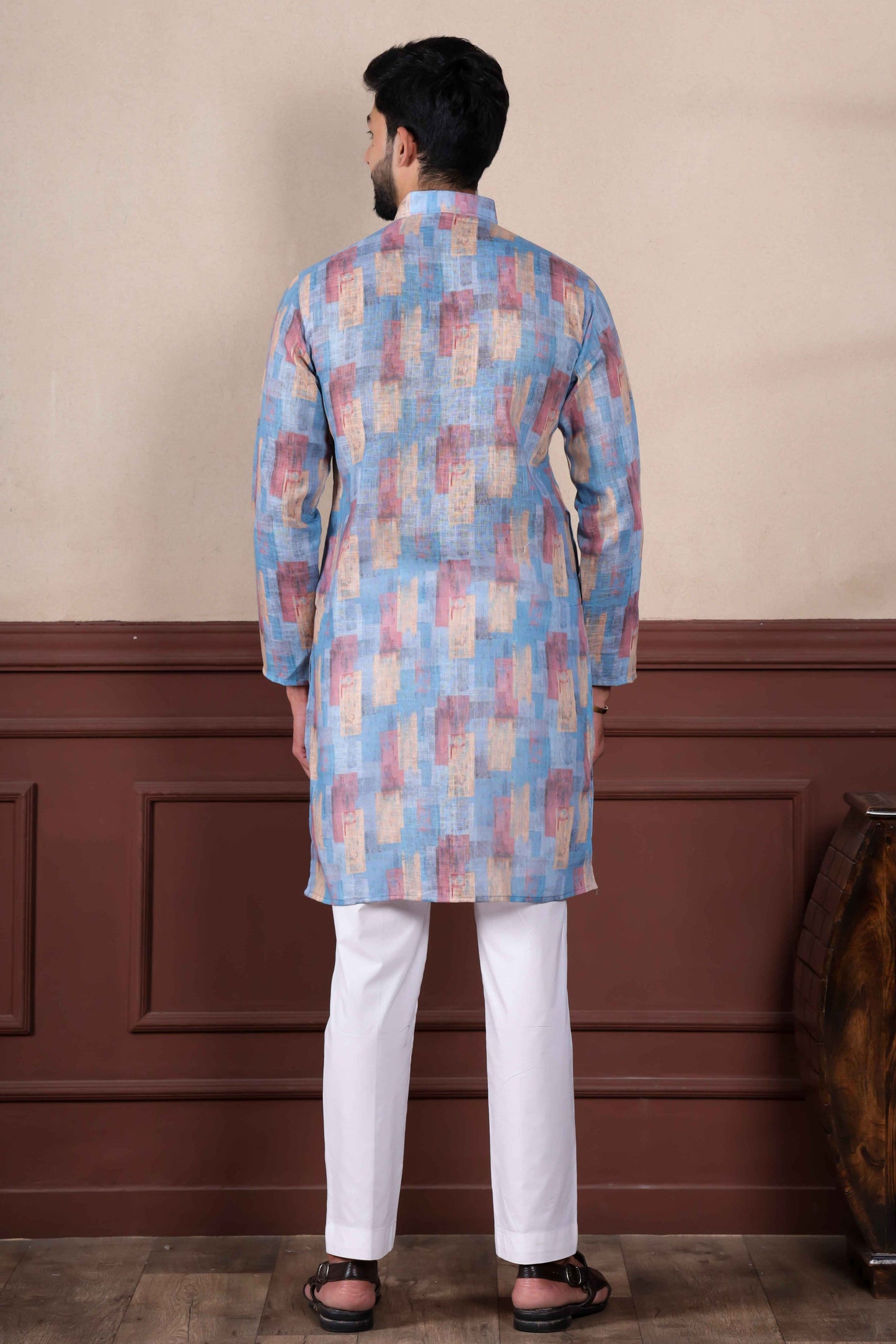 Blue Printed Linen Kurta Pajama-MW62_3_SareeButa.com