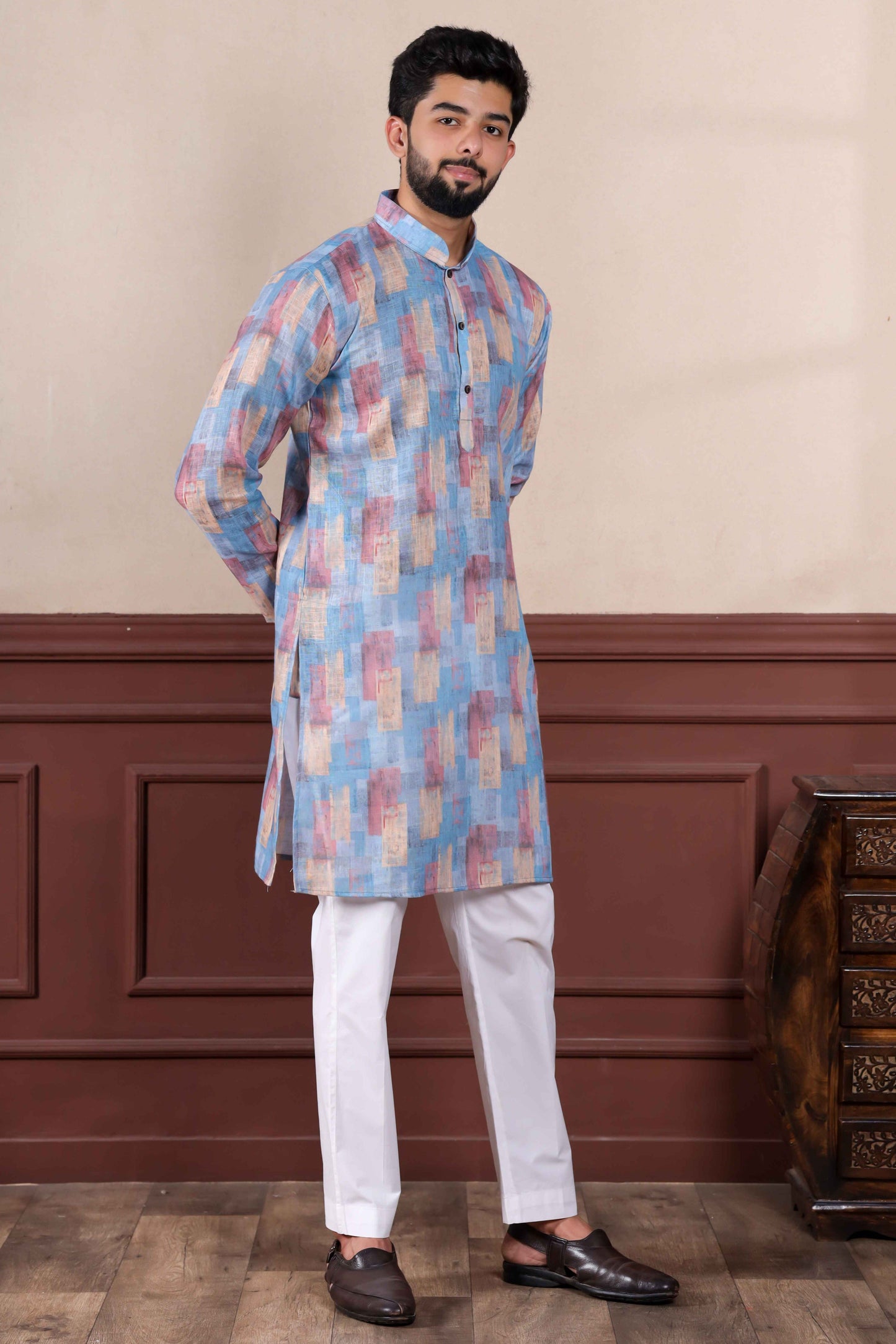 Blue Printed Linen Kurta Pajama-MW62_4_SareeButa.com