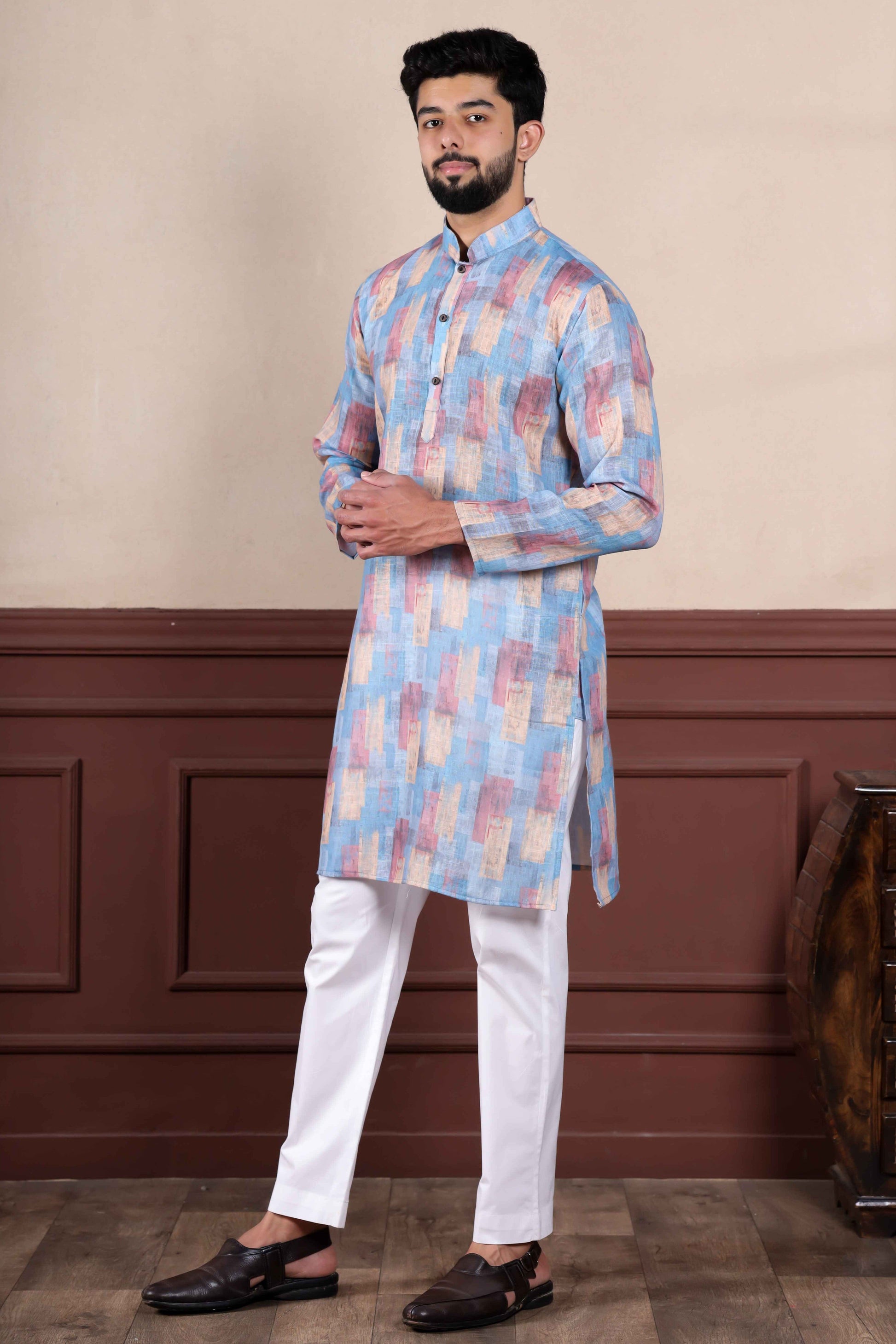 Blue Printed Linen Kurta Pajama-MW62_5_SareeButa.com