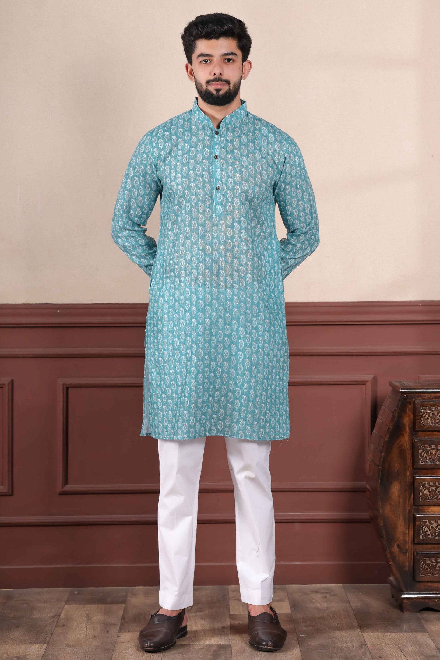 Blue Printed Linen Kurta Pajama-MW63_1_SareeButa.com