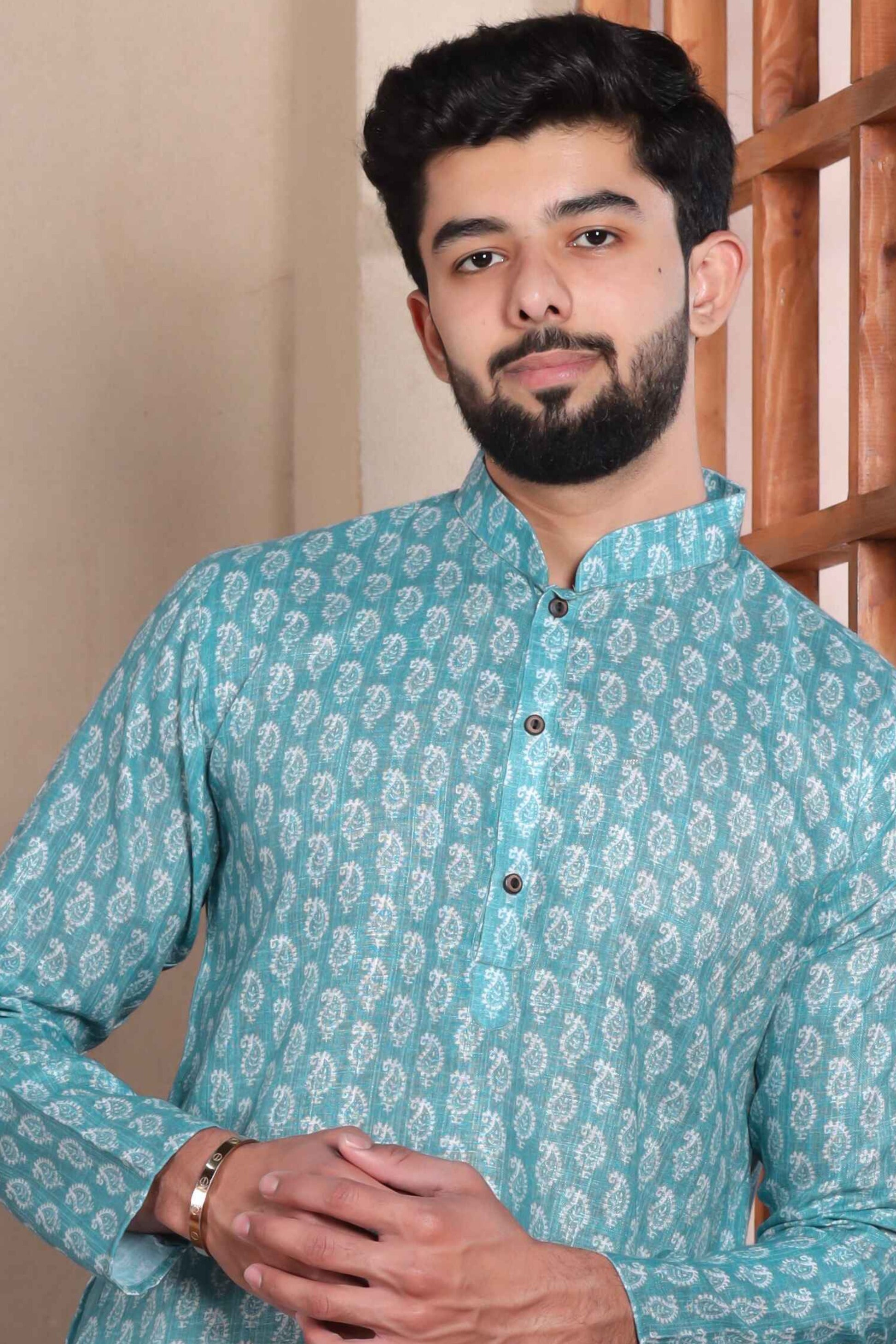 Blue Printed Linen Kurta Pajama-MW63_2_SareeButa.com