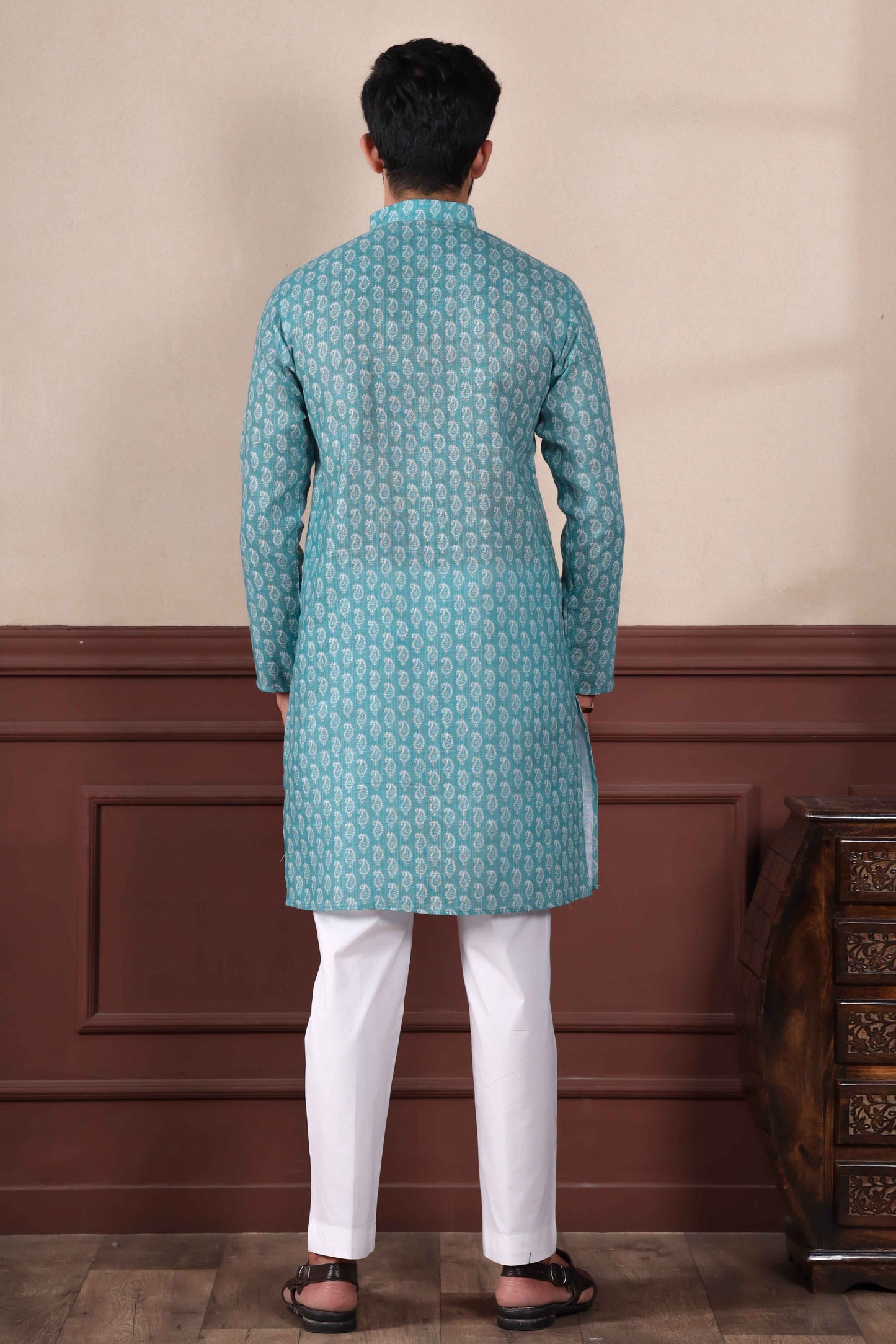 Blue Printed Linen Kurta Pajama-MW63_3_SareeButa.com