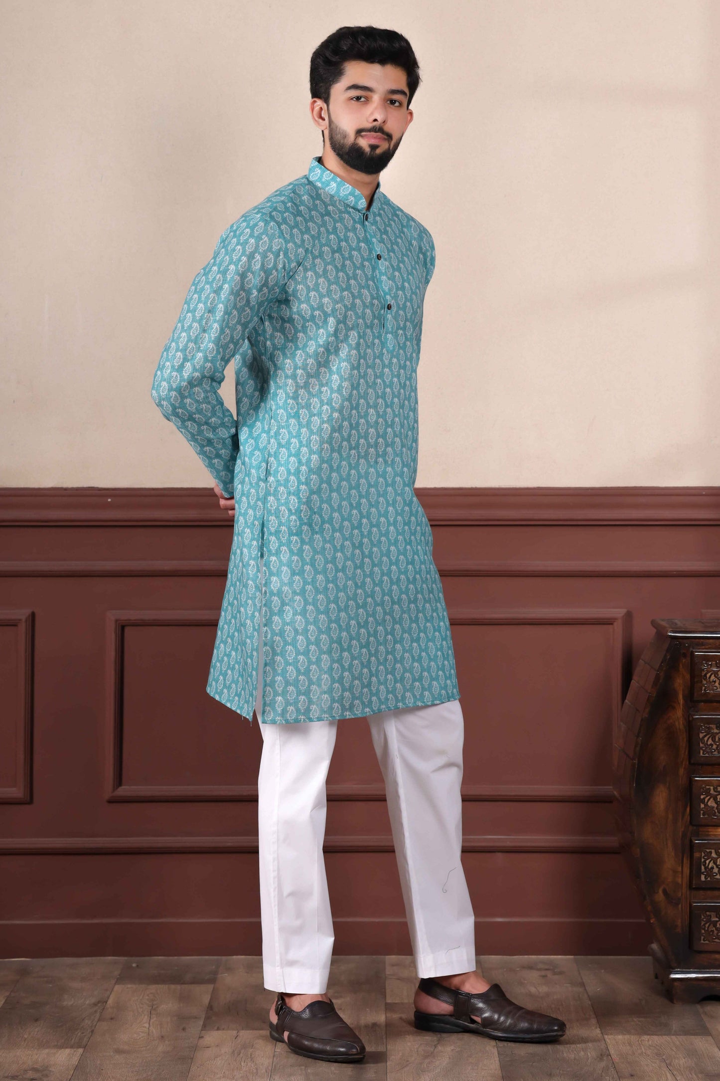 Blue Printed Linen Kurta Pajama-MW63_4_SareeButa.com