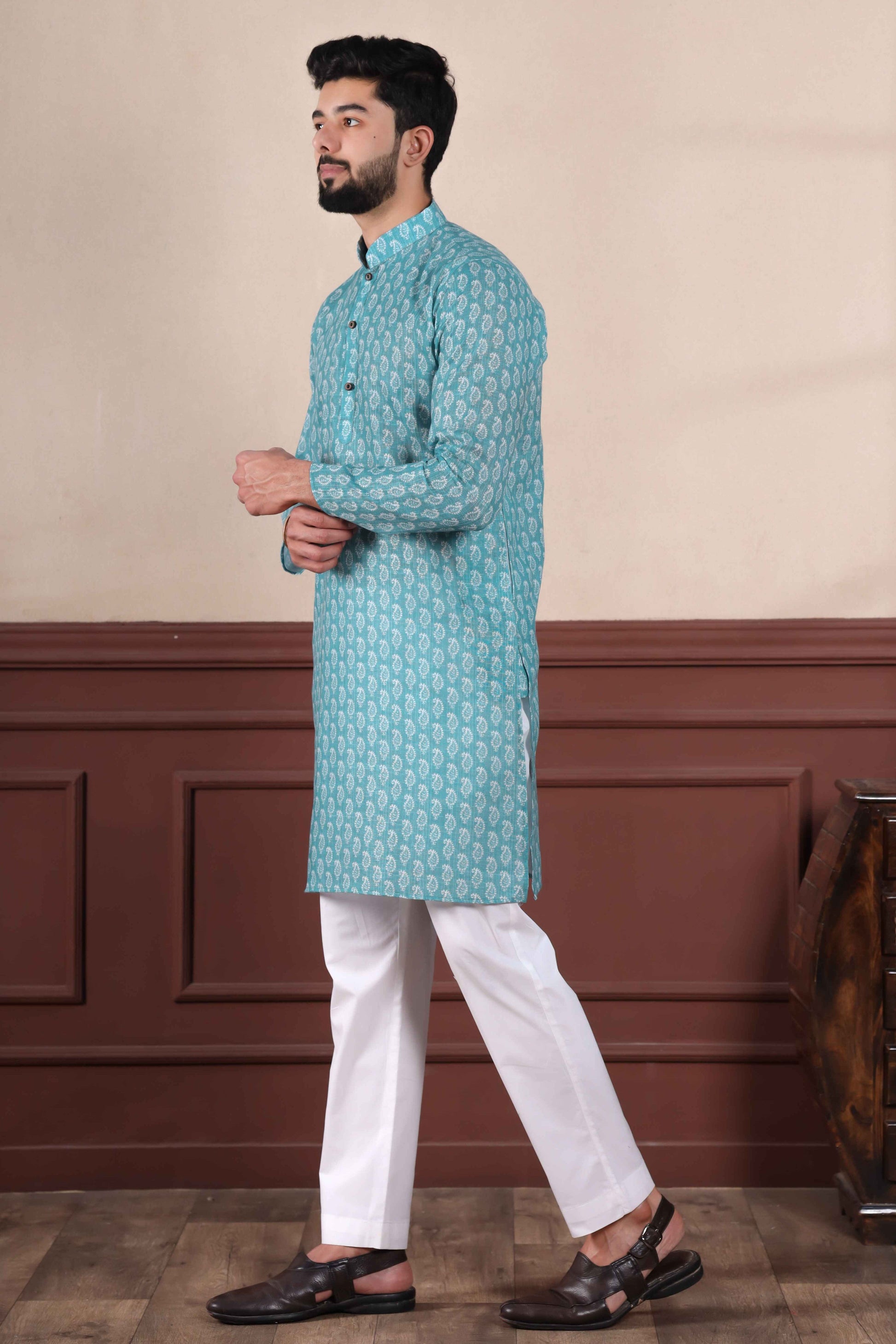 Blue Printed Linen Kurta Pajama-MW63_5_SareeButa.com