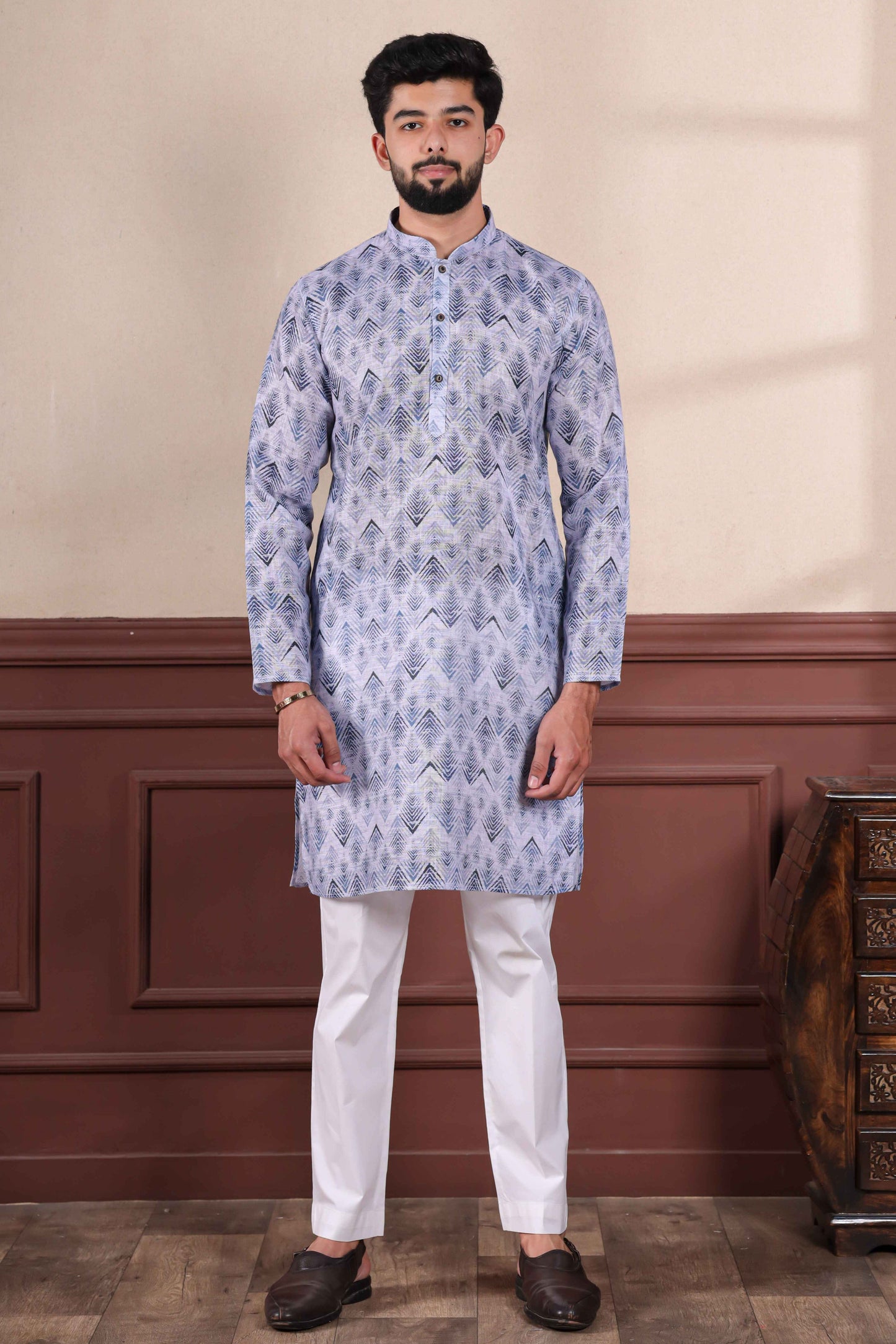 Blue Printed Linen Kurta Pajama-MW66_1_SareeButa.com