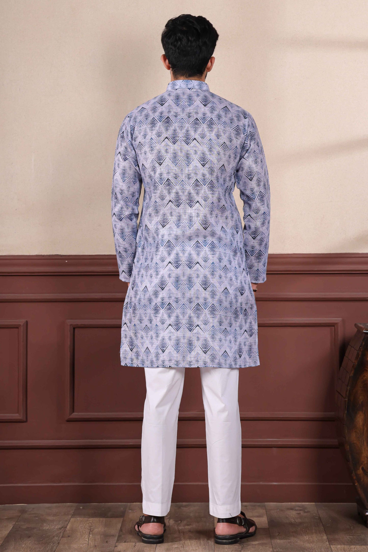 Blue Printed Linen Kurta Pajama-MW66_3_SareeButa.com