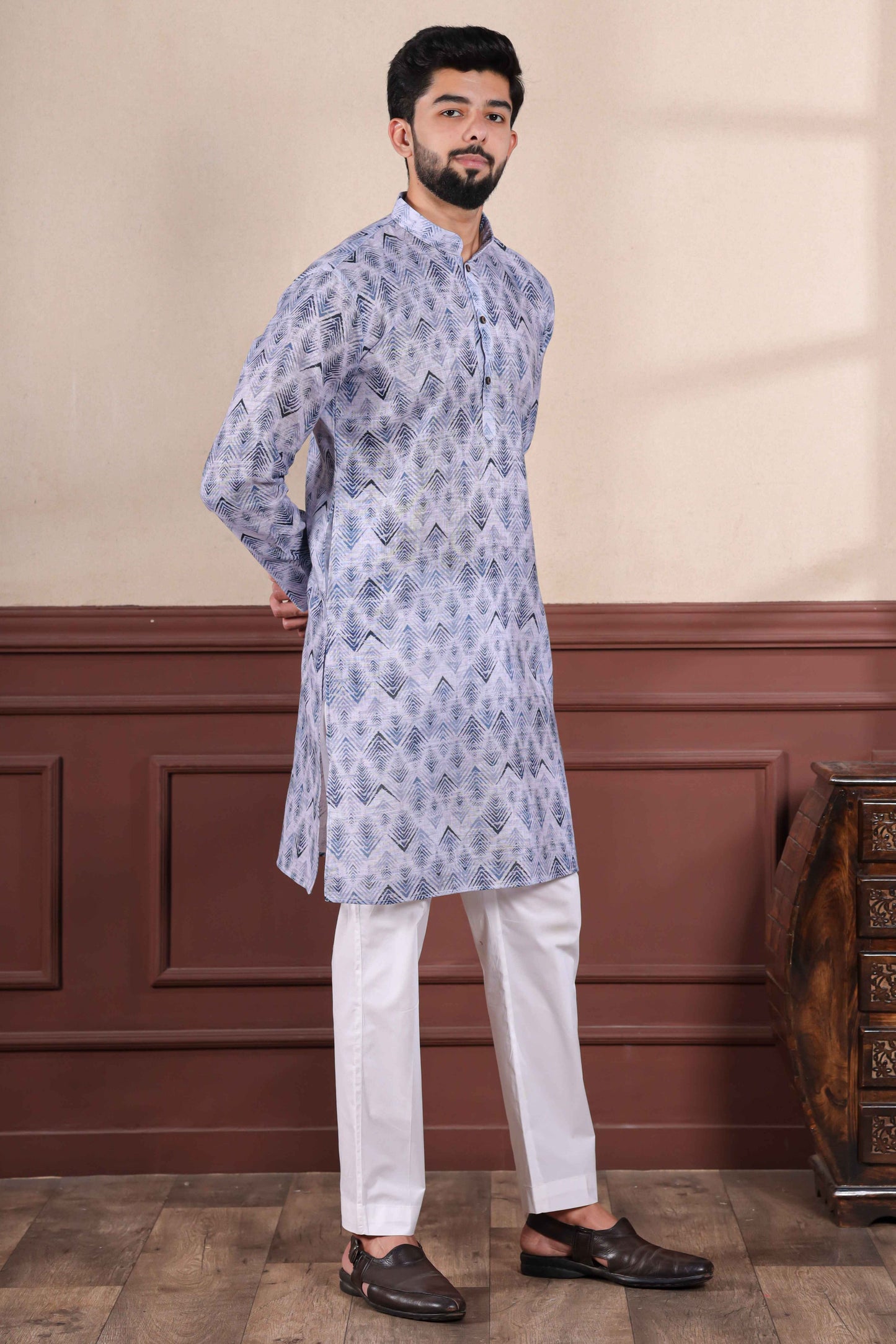 Blue Printed Linen Kurta Pajama-MW66_4_SareeButa.com