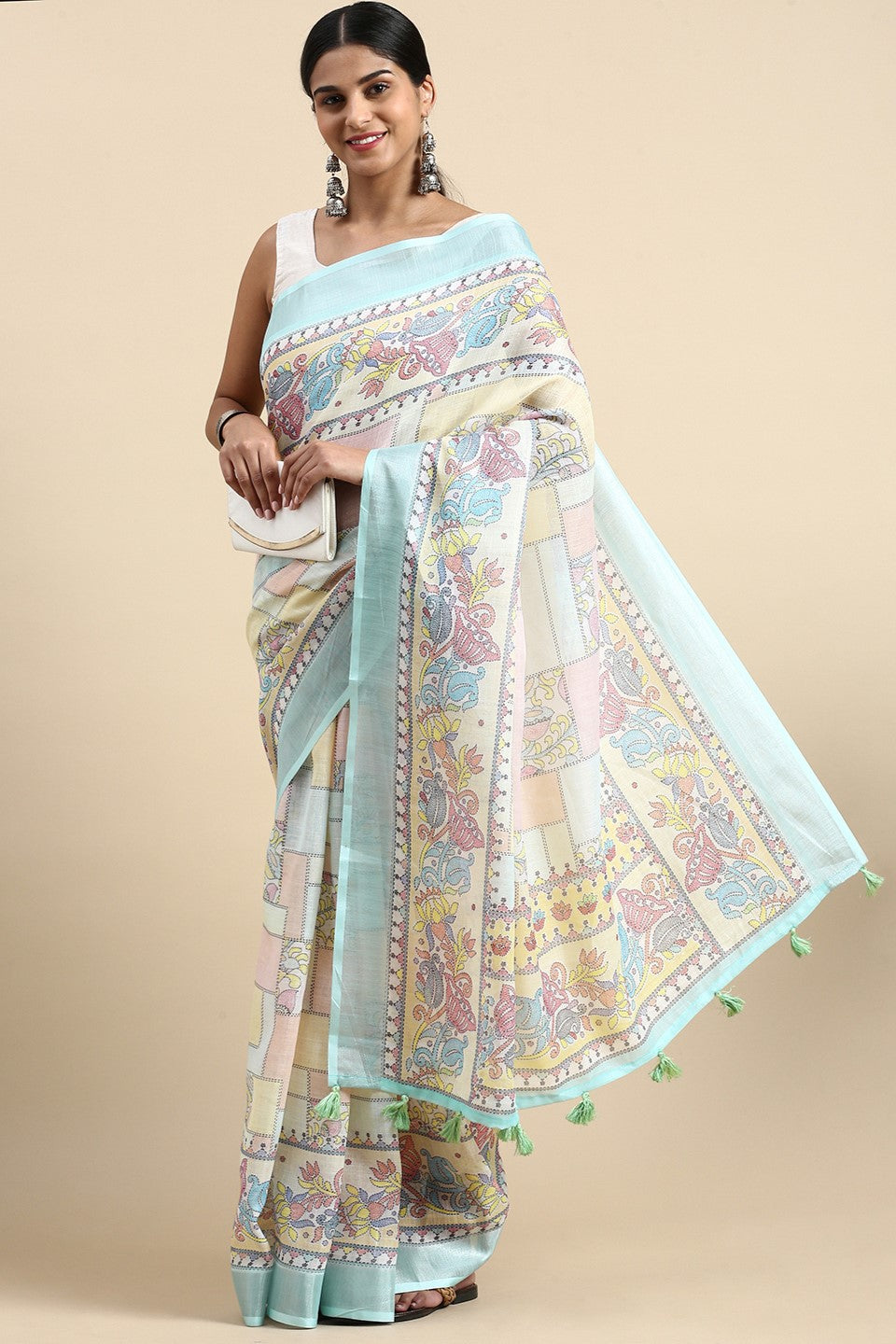 Blue Printed Linen Saree-ZB132676_1