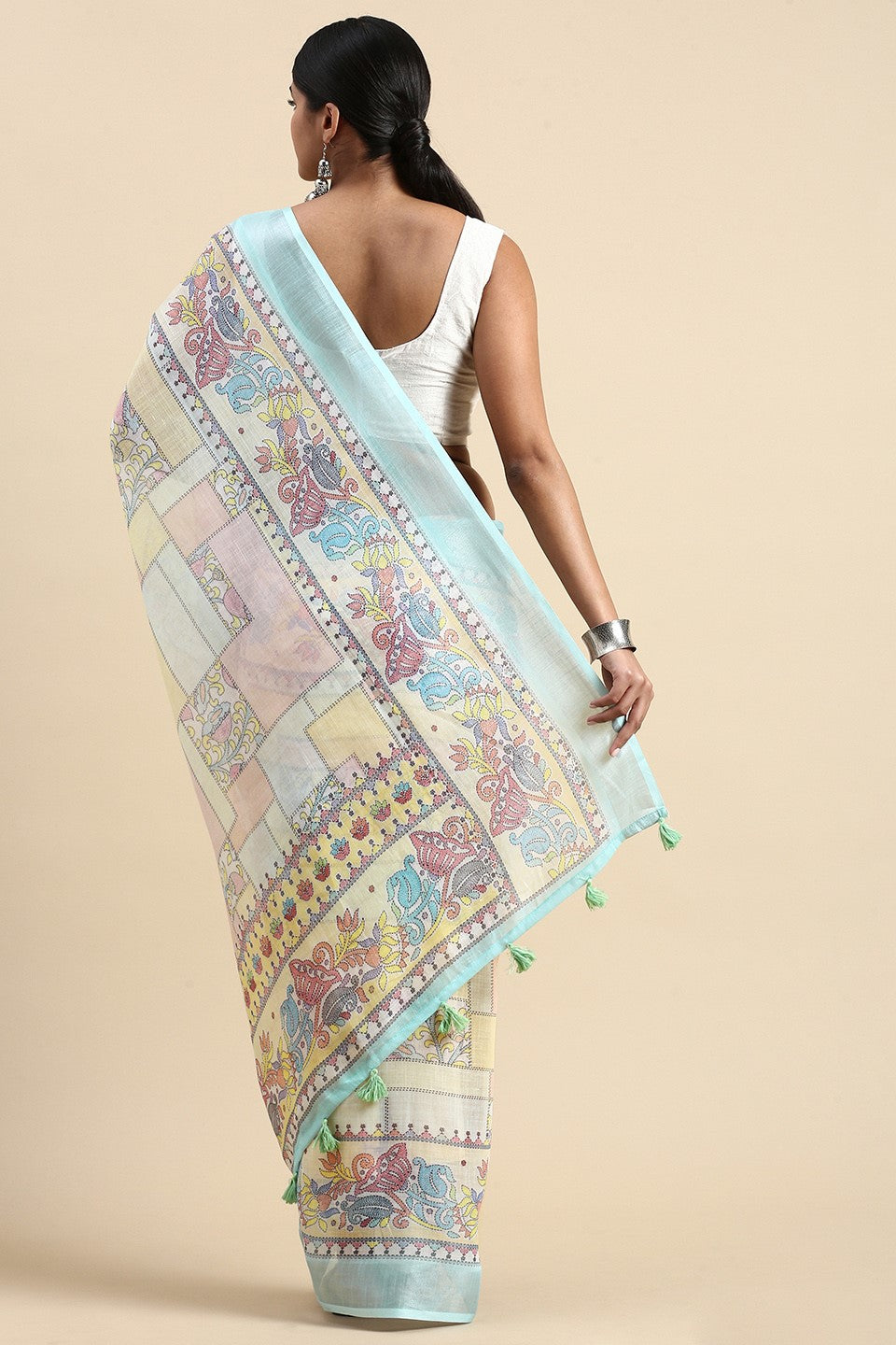 Blue Printed Linen Saree-ZB132676_2