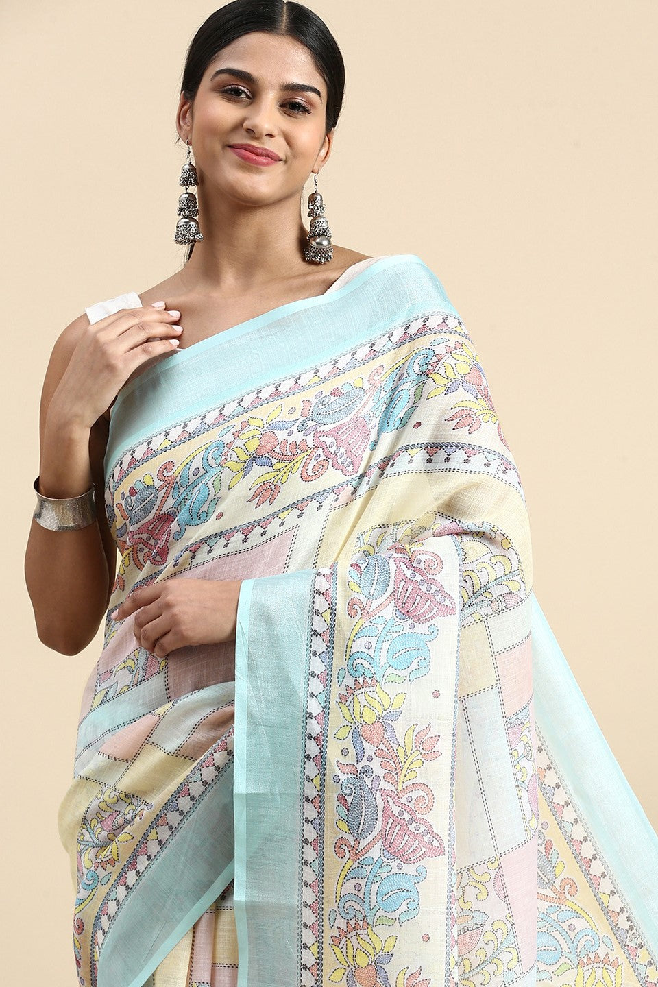 Blue Printed Linen Saree-ZB132676_3