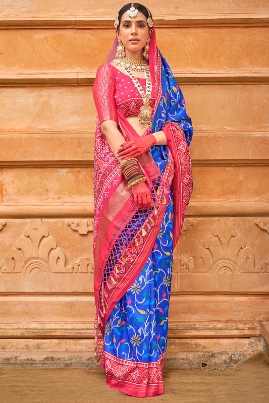 Blue Printed Patola Silk Saree