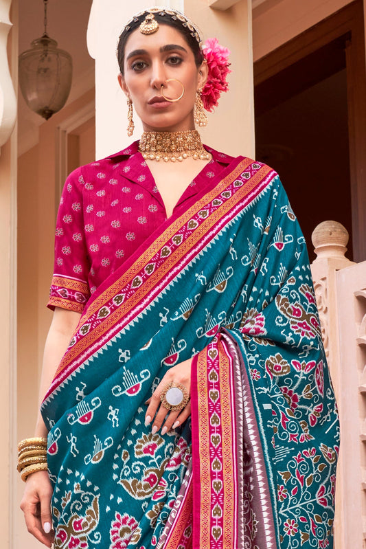 Blue Printed Silk Saree-ZB133926_2_SareeButa.com