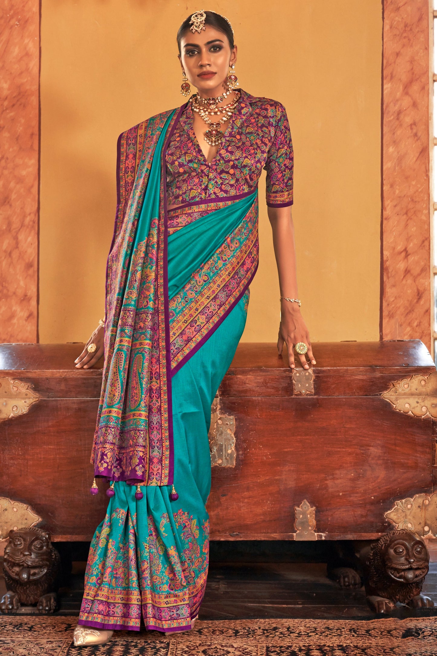 Blue Printed Viscose Silk Saree-ZB134525_2_SareeButa.com