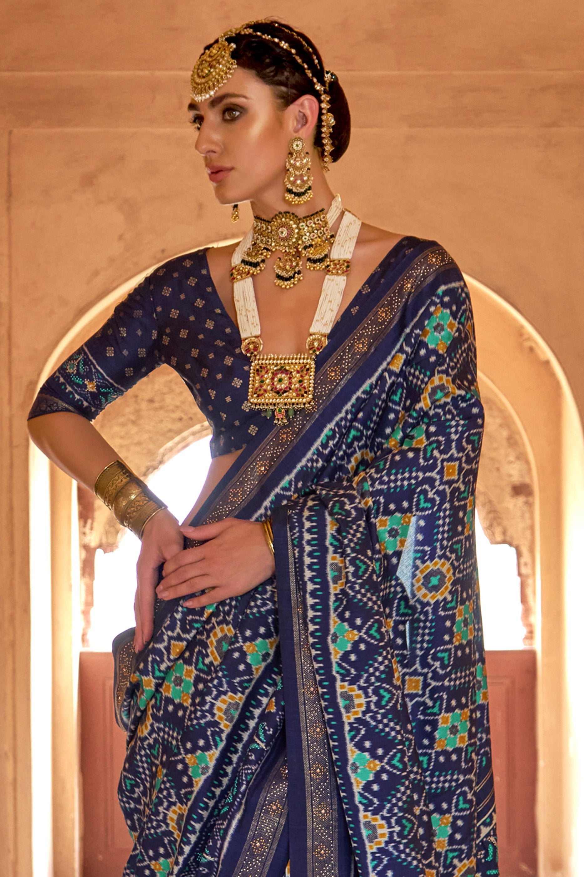 Blue Printed Viscose Silk Patola Saree-SAR10191_3_SareeButa.com