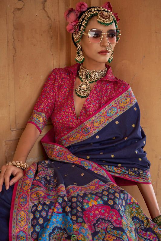 Blue Printed Viscose Silk Saree-SAR10130_2_SareeButa.com