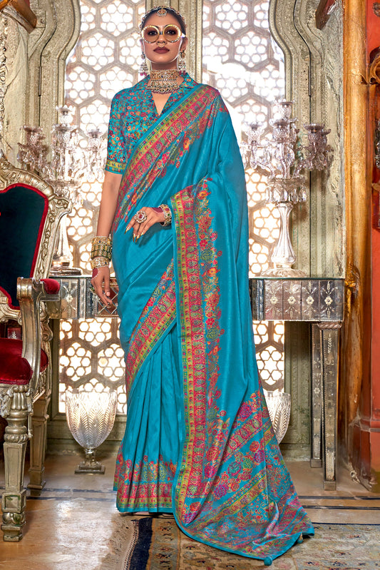 Blue Printed Viscose Silk Saree-ZB133639_1_SareeButa.com