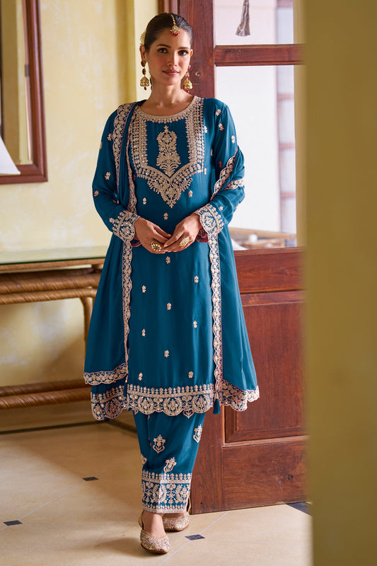 Blue Readymade Embroidered Chinon A-line Pant Suit-SAR11966_1_SareeButa.com