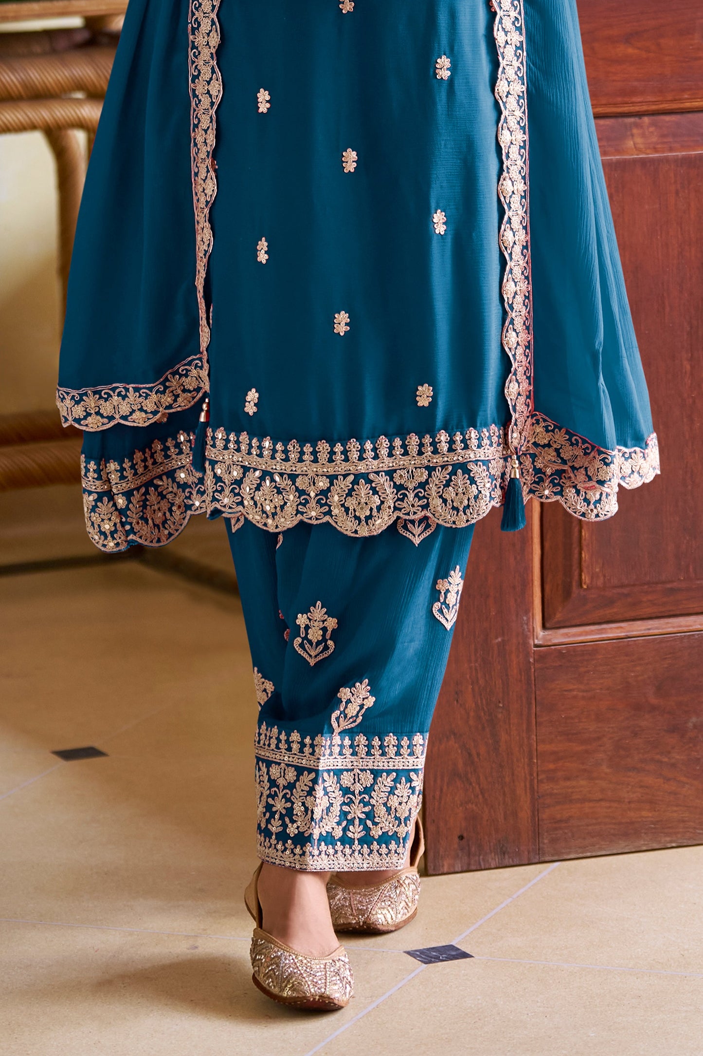 Blue Readymade Embroidered Chinon A-line Pant Suit-SAR11966_4_SareeButa.com