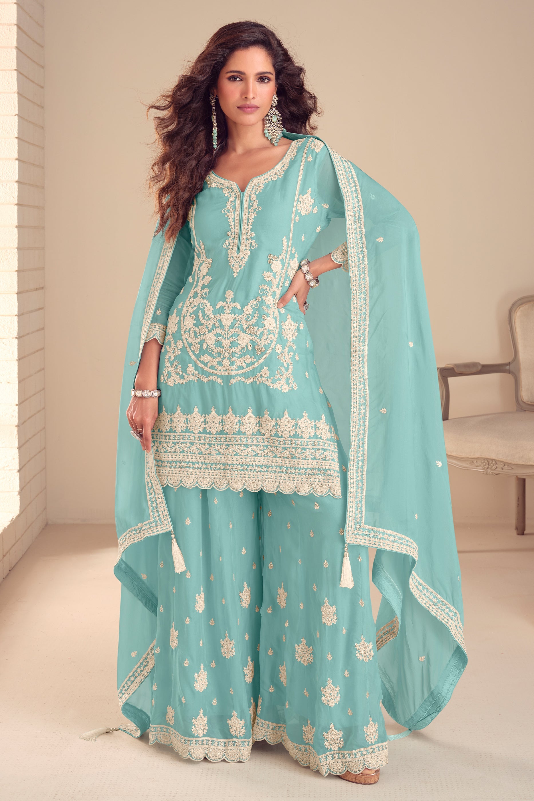 Blue Readymade Embroidered Chinon Palazzo Suit-SAR11564_1_SareeButa.com
