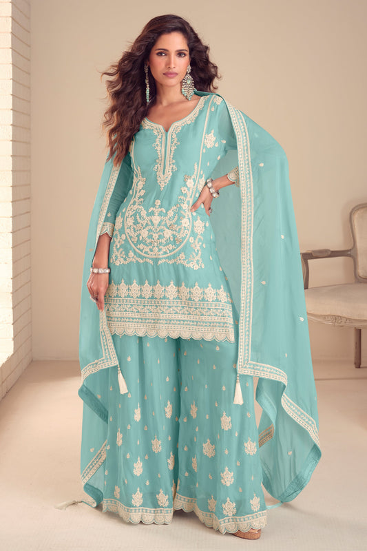 Blue Readymade Embroidered Chinon Palazzo Suit-SAR11564_1_SareeButa.com