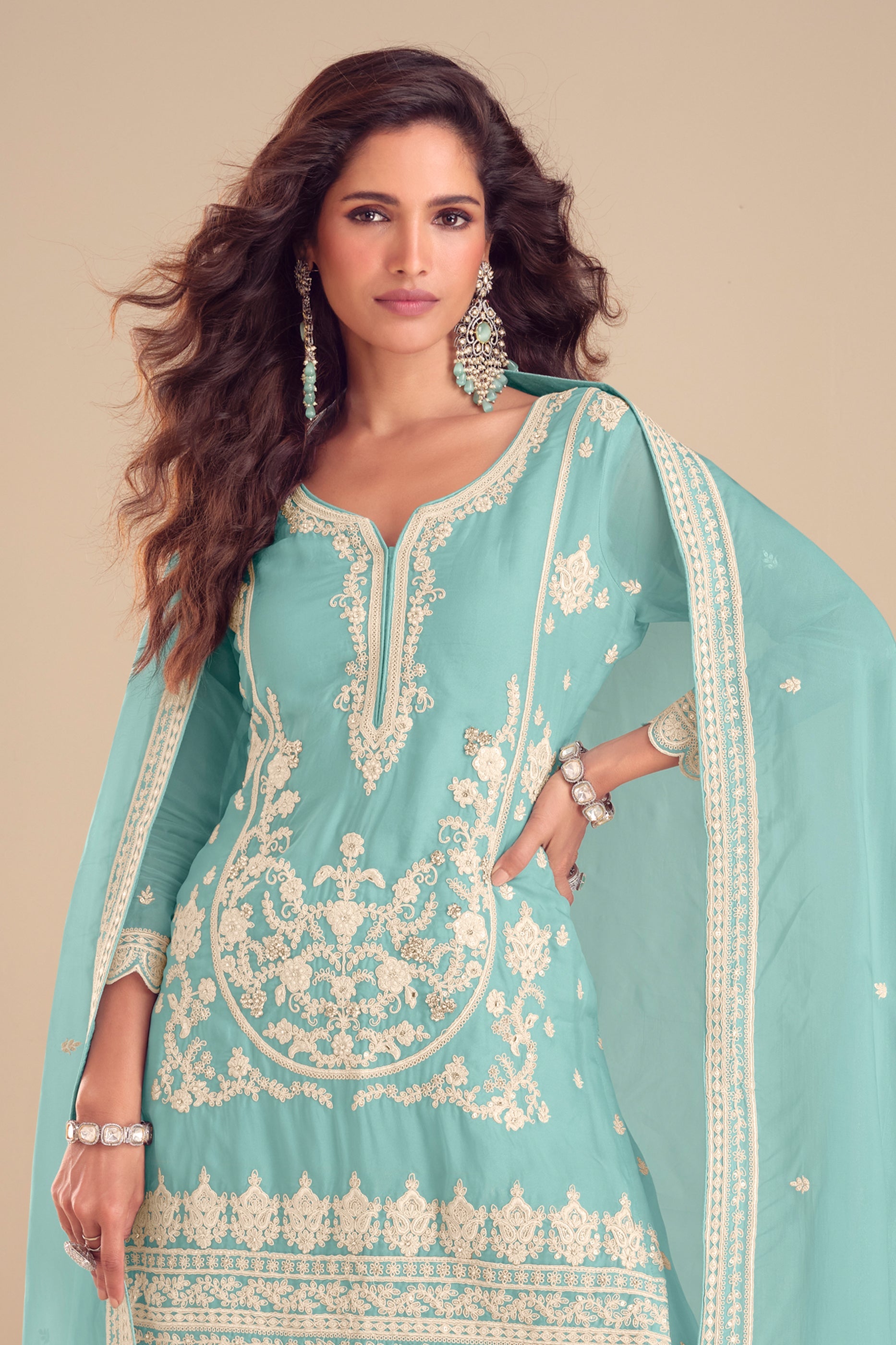 Blue Readymade Embroidered Chinon Palazzo Suit-SAR11564_3_SareeButa.com