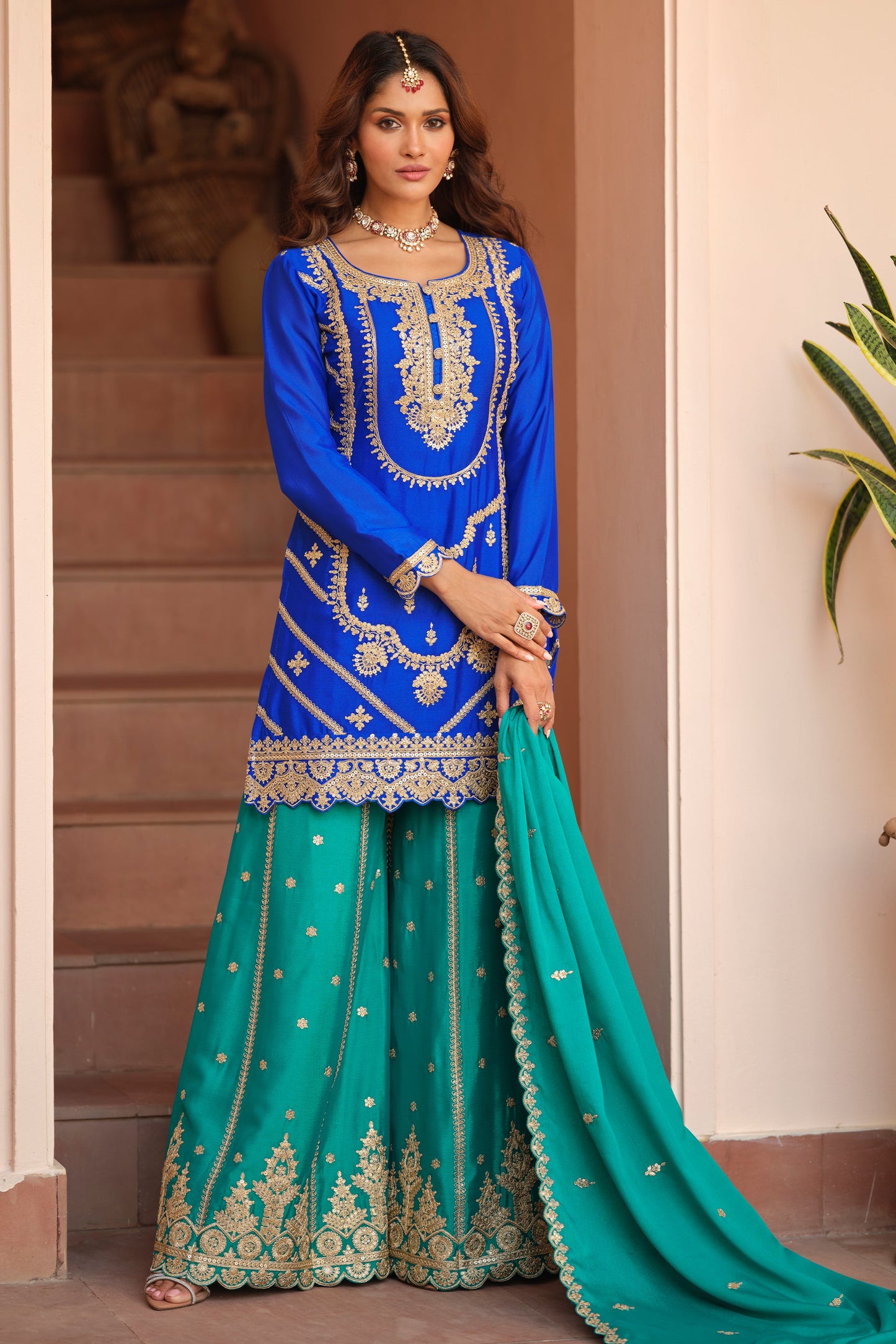 Blue Readymade Embroidered Chinon Silk Palazzo Suit-SAR11489_1_SareeButa.com