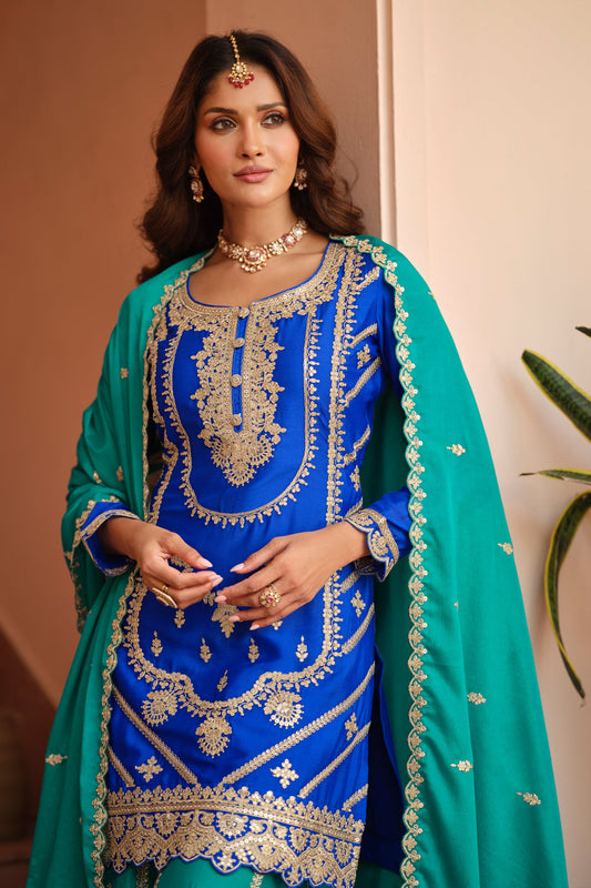 Blue Readymade Embroidered Chinon Silk Palazzo Suit-SAR11489_2_SareeButa.com