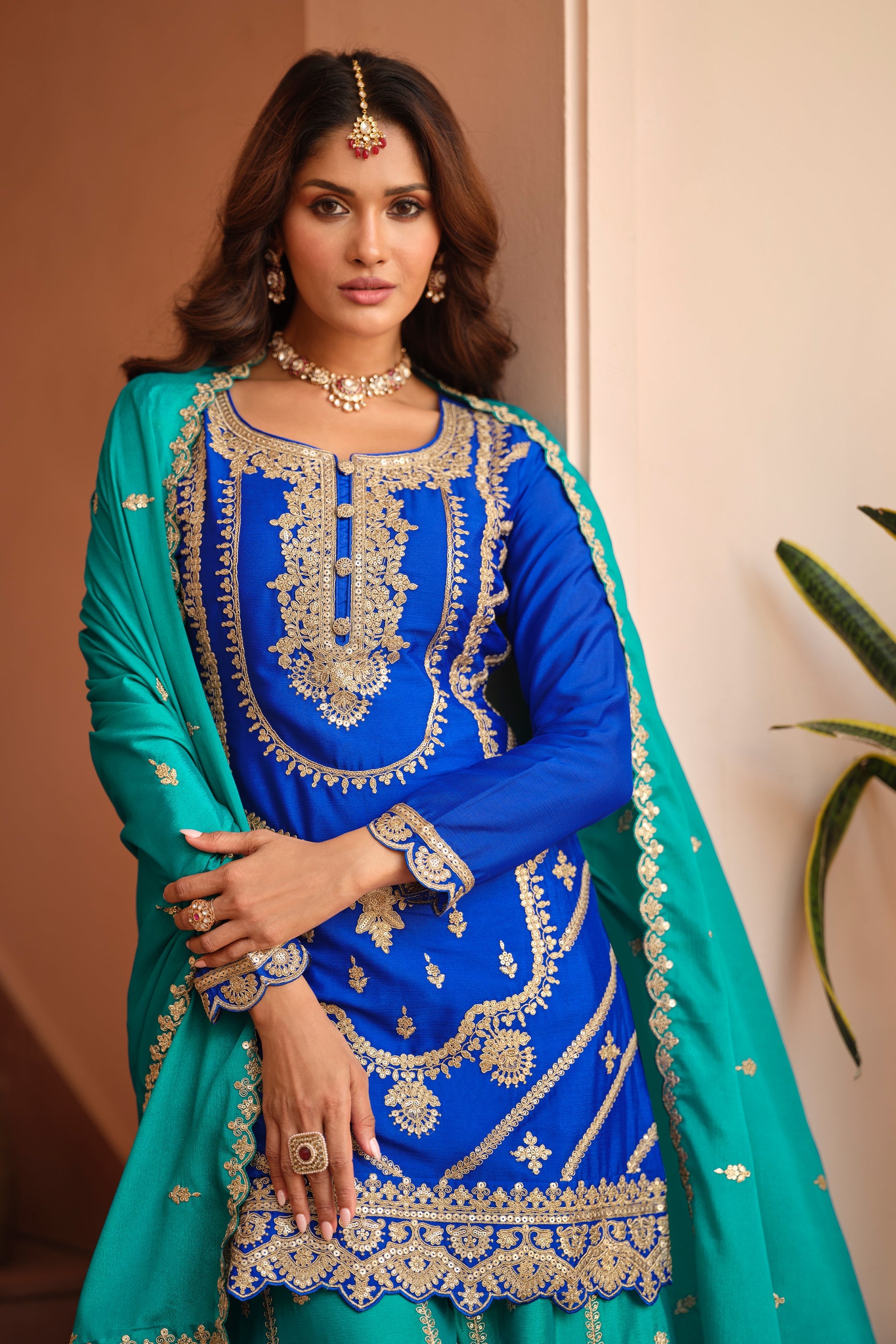 Blue Readymade Embroidered Chinon Silk Palazzo Suit-SAR11489_3_SareeButa.com