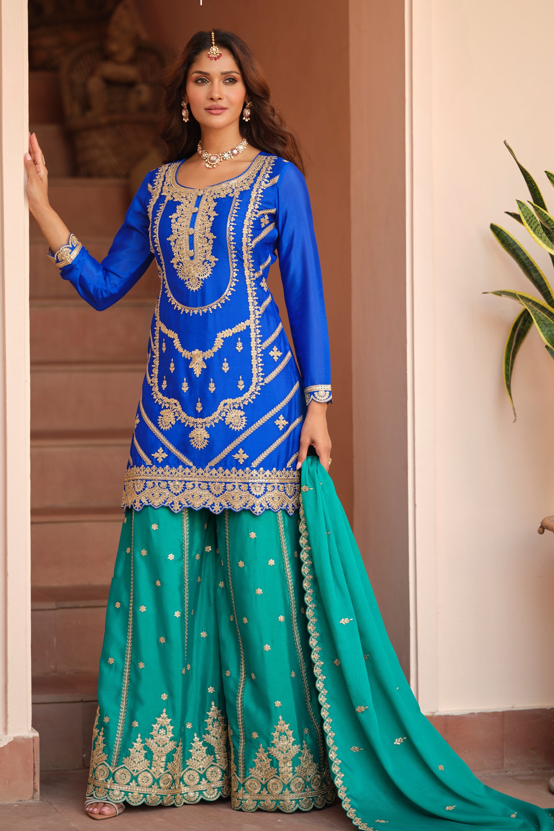 Blue Readymade Embroidered Chinon Silk Palazzo Suit-SAR11489_4_SareeButa.com