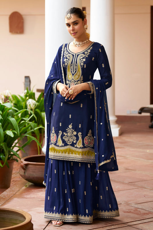 Blue Readymade Embroidered Chinon Suit-SAR10918_1_SareeButa.com
