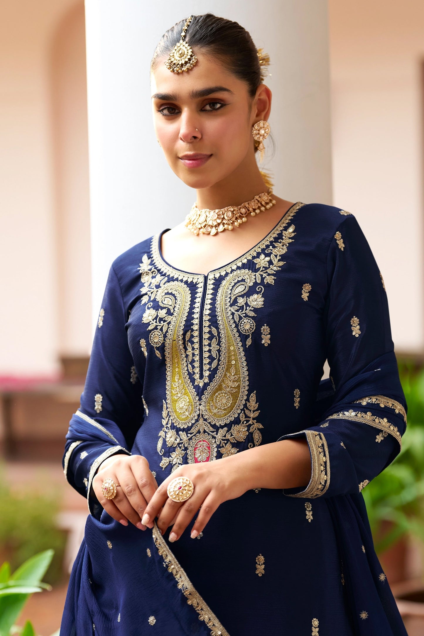 Blue Readymade Embroidered Chinon Suit-SAR10918_2_SareeButa.com