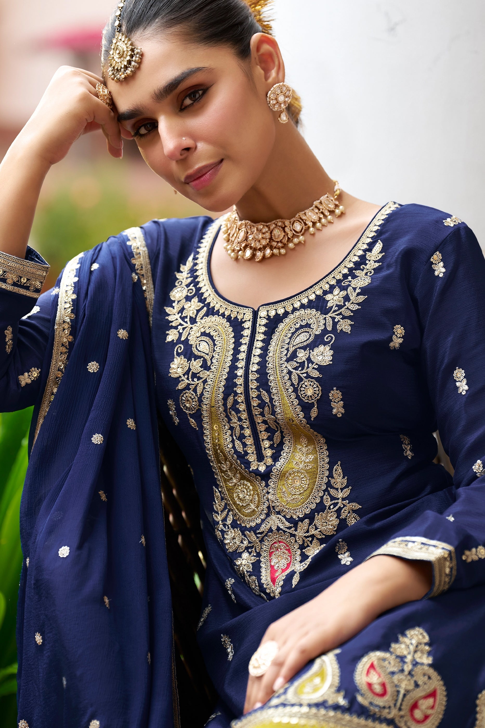 Blue Readymade Embroidered Chinon Suit-SAR10918_3_SareeButa.com