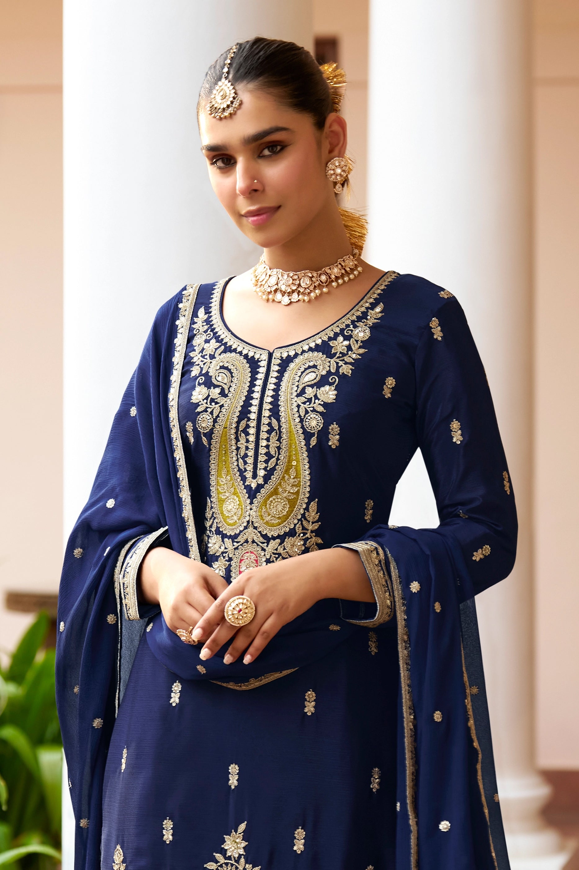 Blue Readymade Embroidered Chinon Suit-SAR10918_4_SareeButa.com