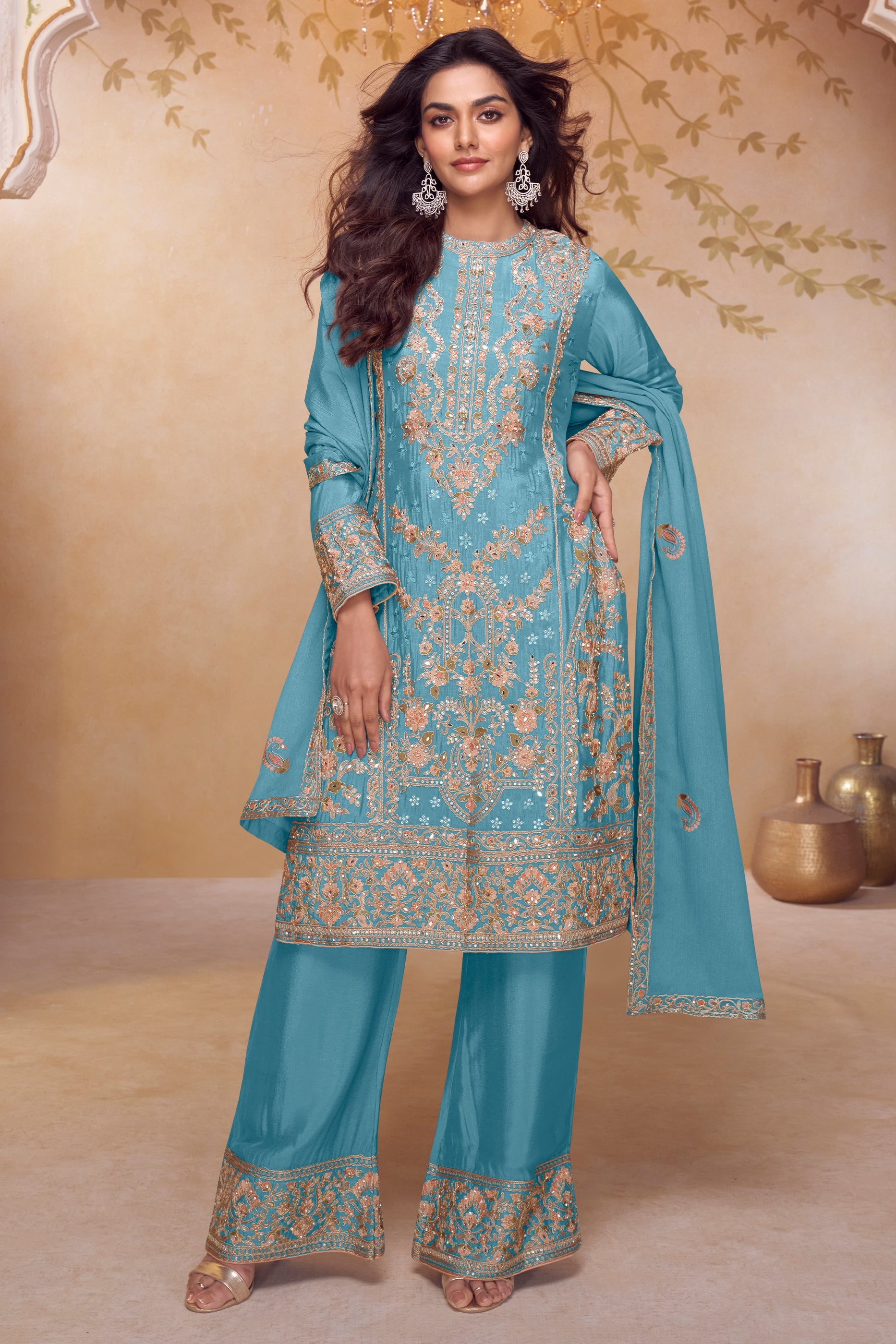 Blue Readymade Embroidered Chinon Suit-SAR12143_1_SareeButa.com