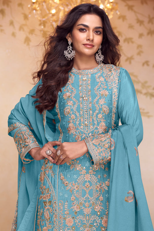 Blue Readymade Embroidered Chinon Suit-SAR12143_2_SareeButa.com