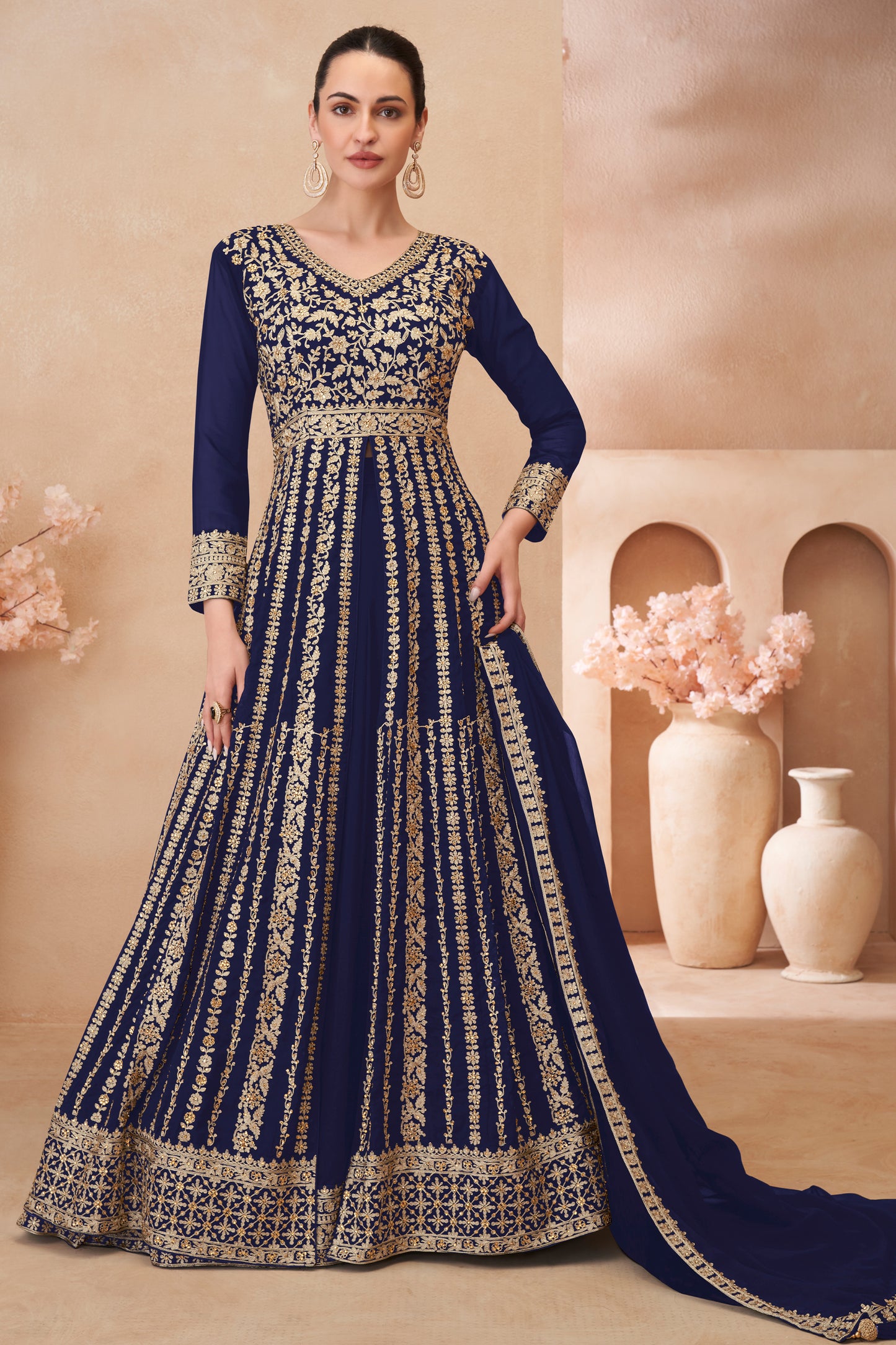 Blue Readymade Embroidered Georgette Skirt Suit-SAR12176_1_SareeButa.com