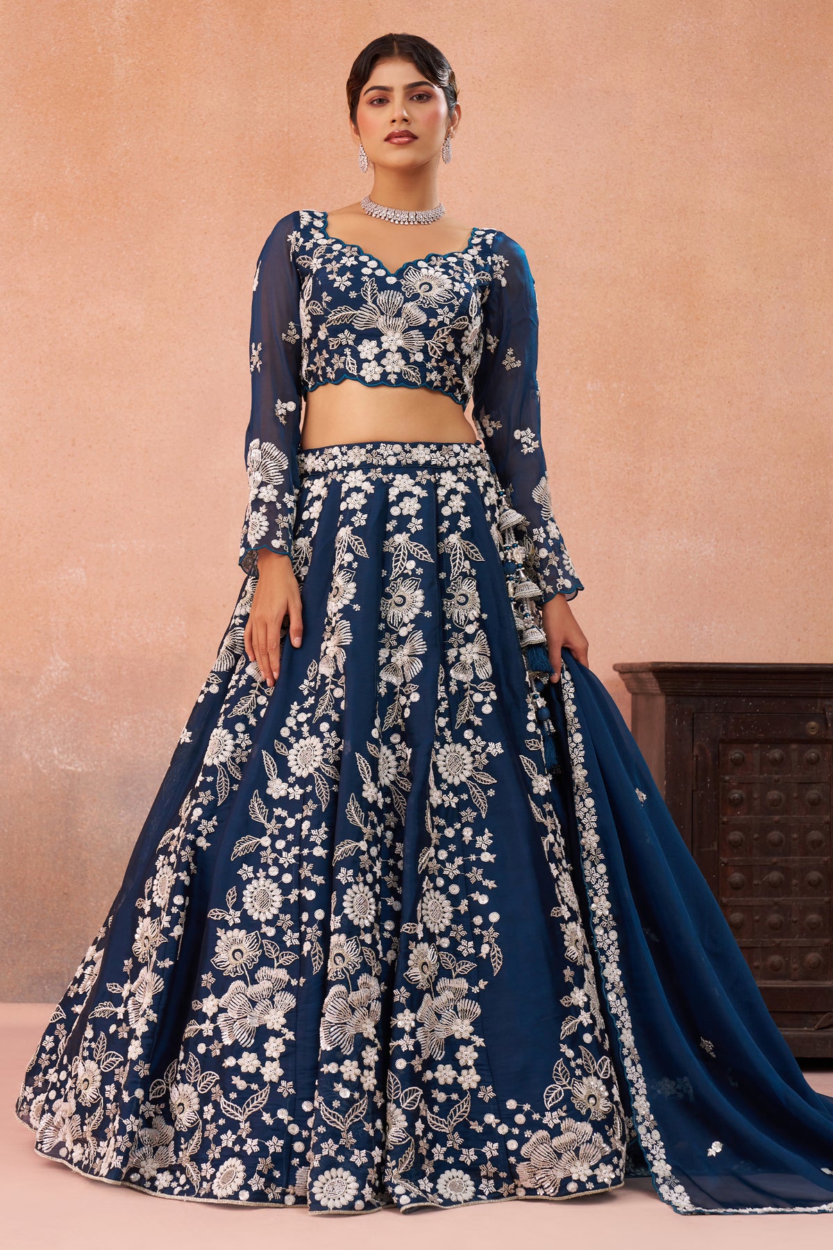 Blue Readymade Embroidered Organza Lehenga-SAR12892_1_SareeButa.com
