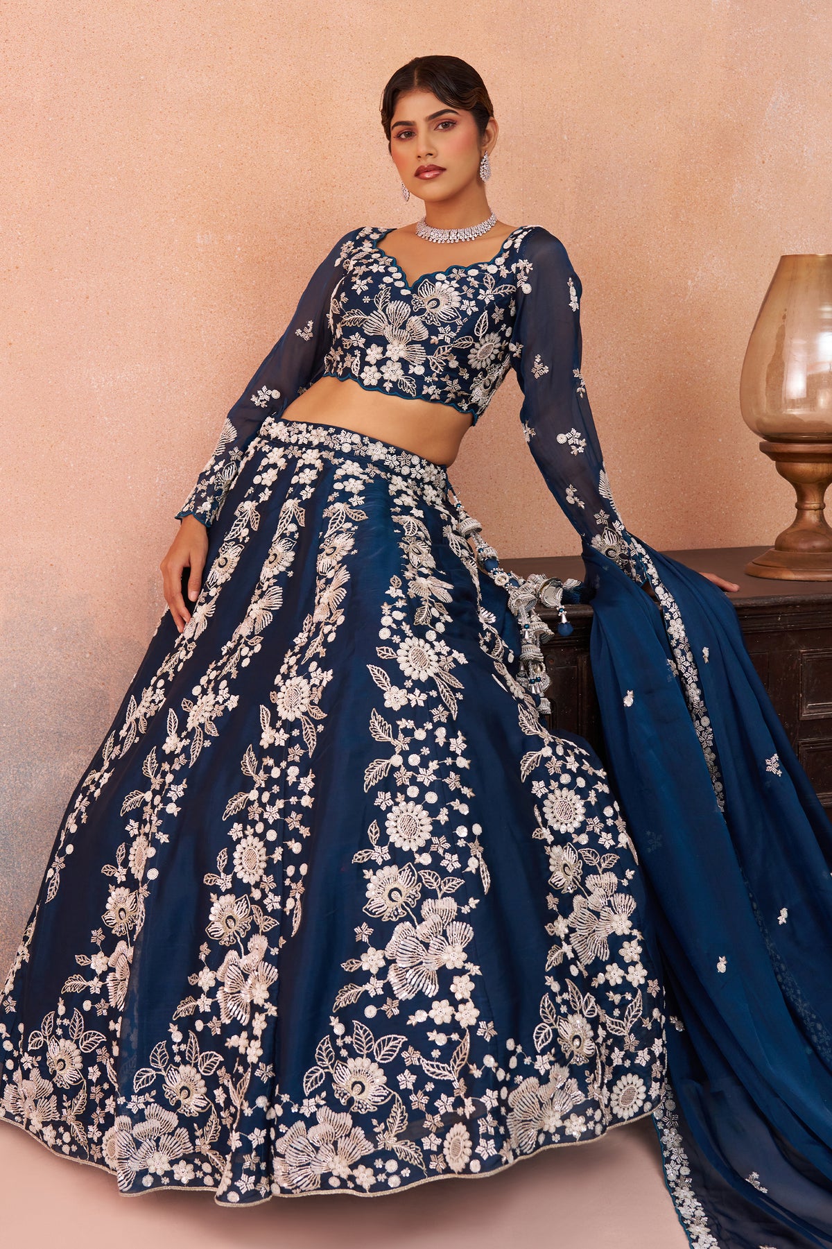 Blue Readymade Embroidered Organza Lehenga-SAR12892_4_SareeButa.com