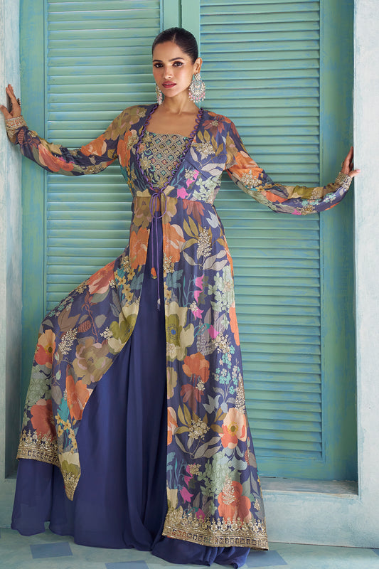 Blue Readymade Embroidered Palazzo Set With Long Shrug-SAR13118_1_SareeButa.com