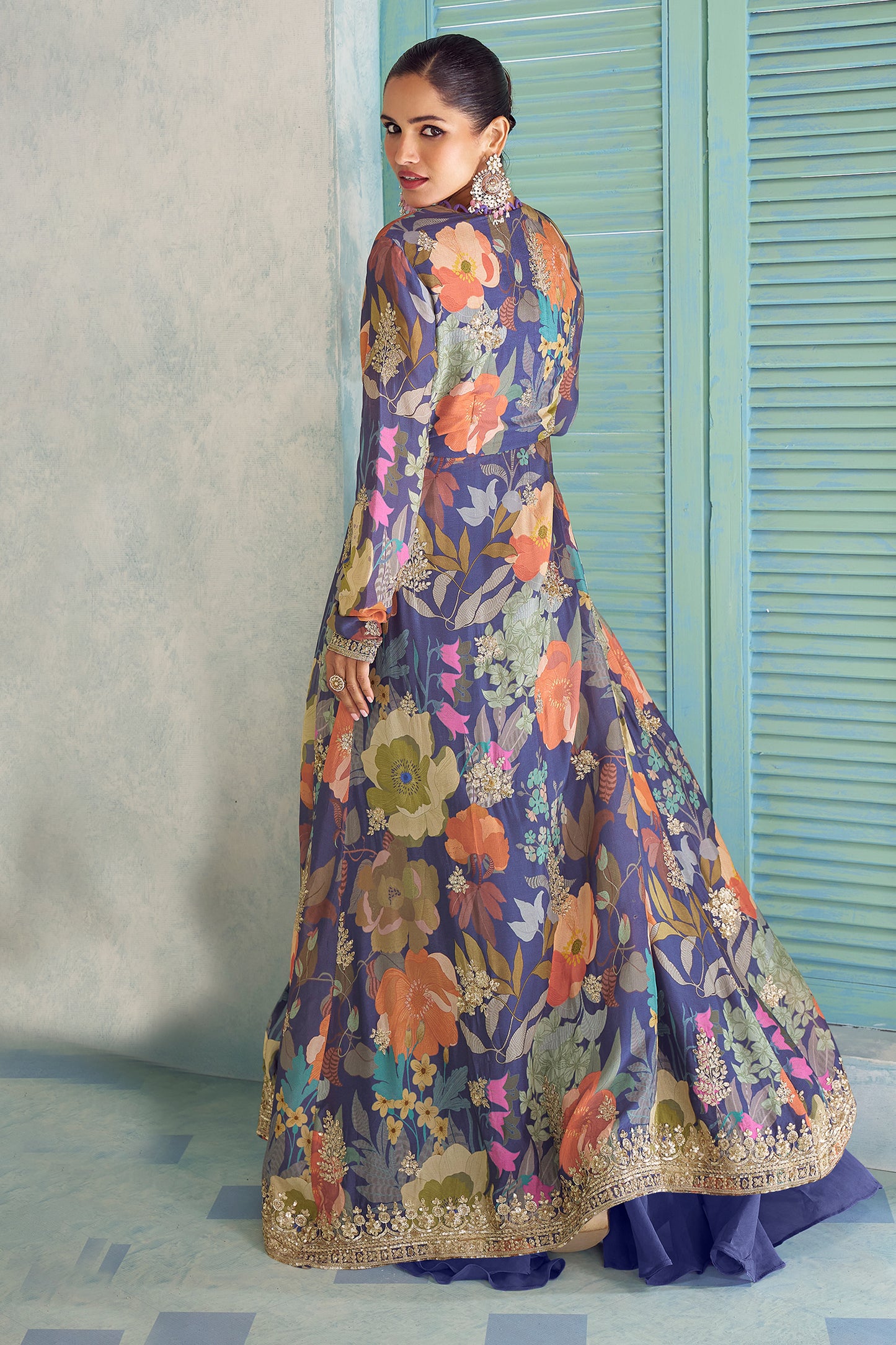 Blue Readymade Embroidered Palazzo Set With Long Shrug-SAR13118_3_SareeButa.com